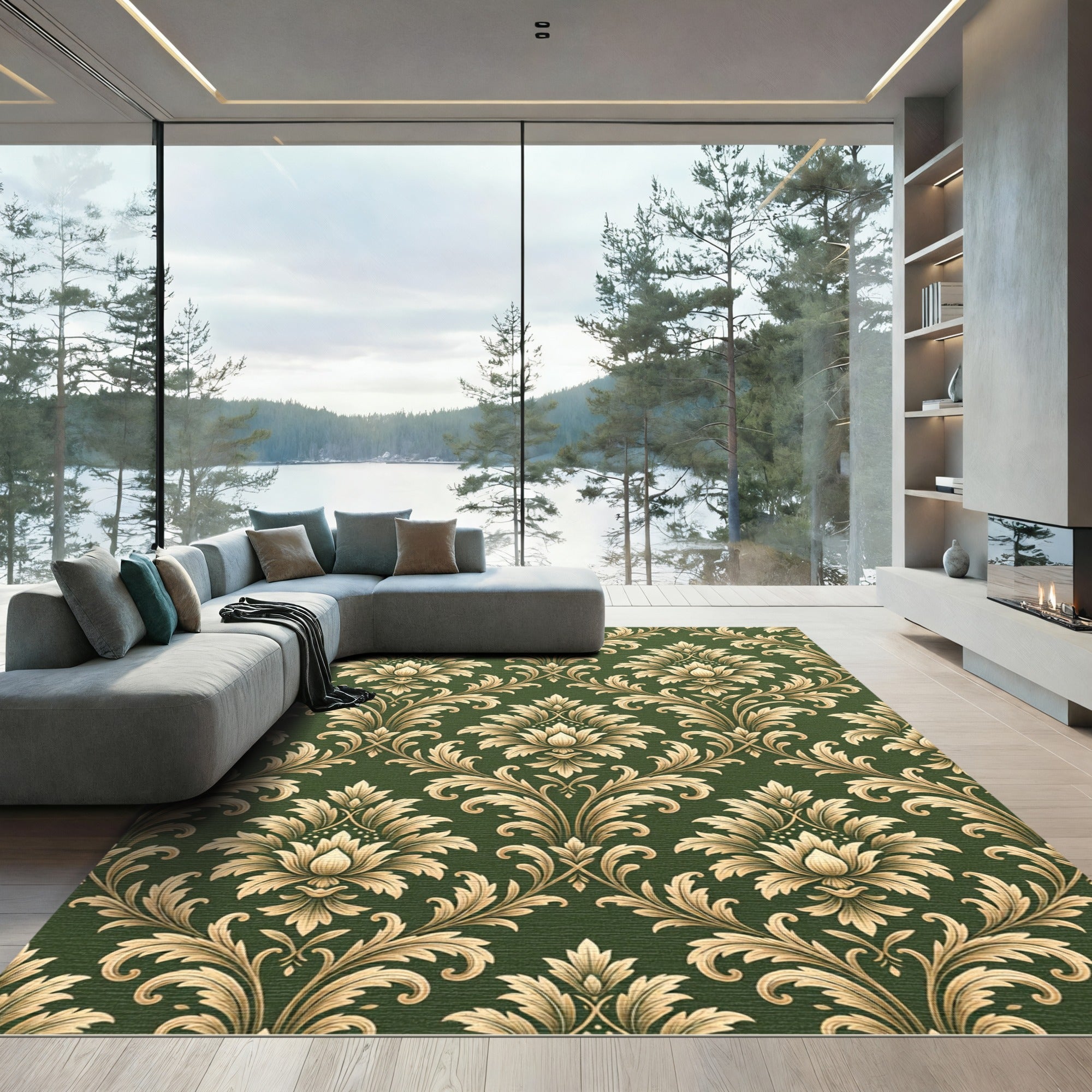 Emerald Golden Damask Floral Scroll Rug