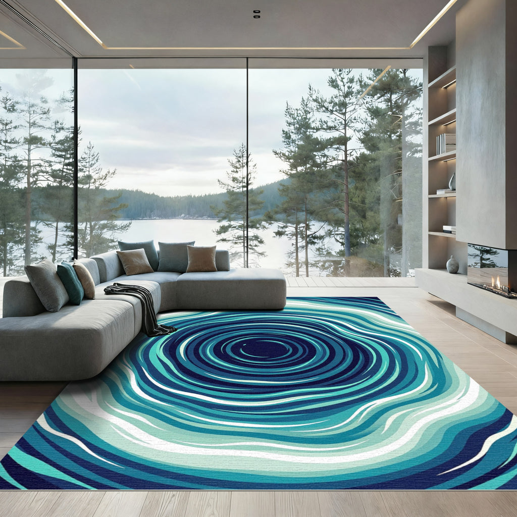 Deep Blue Circular Ocean Swirl Rug