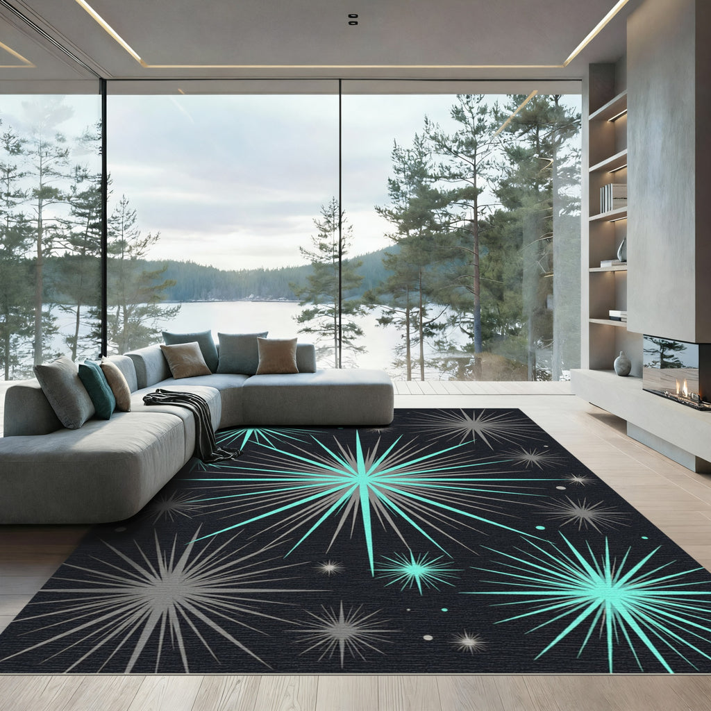 Modern Teal and Gray Starburst Rug