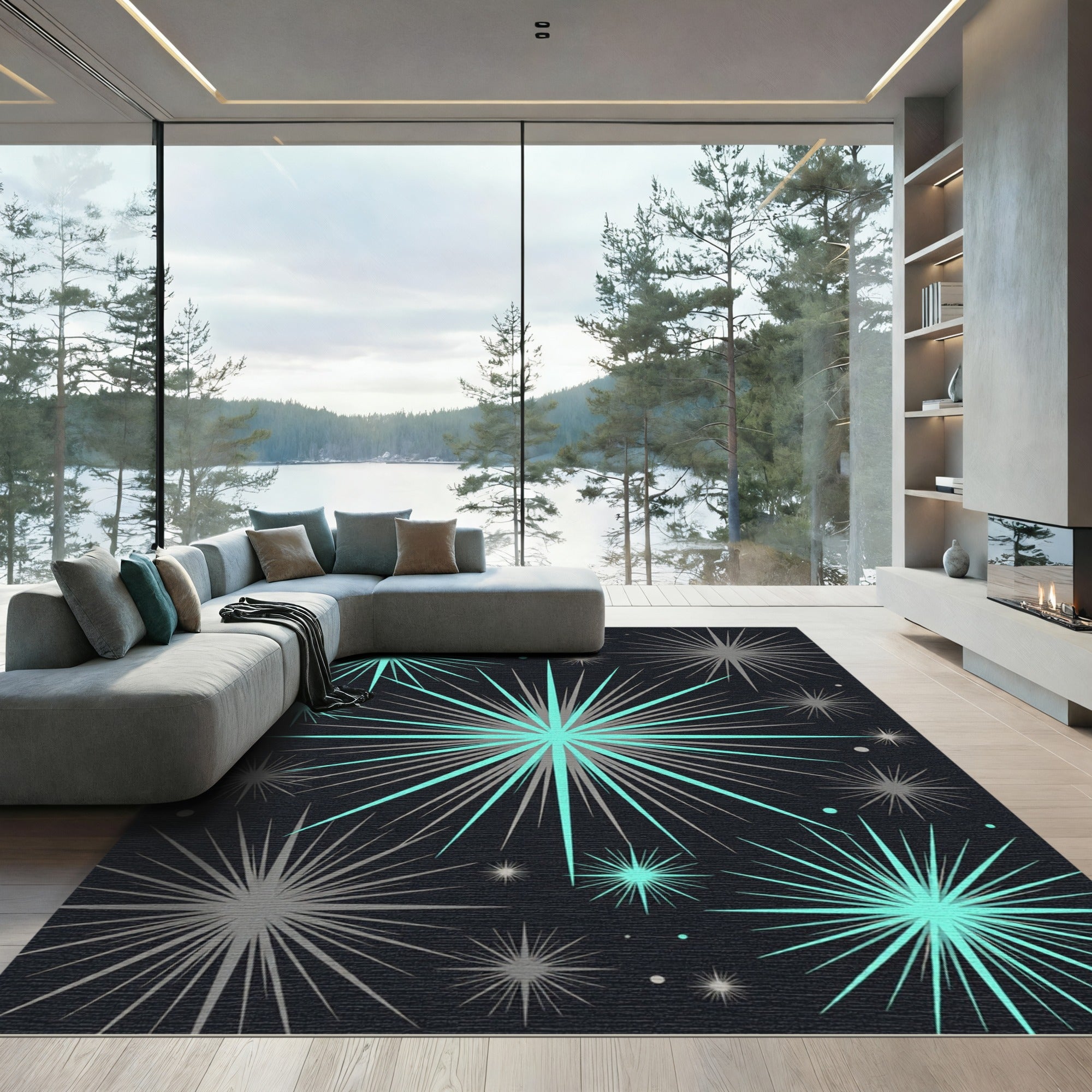 Modern Teal and Gray Starburst Rug