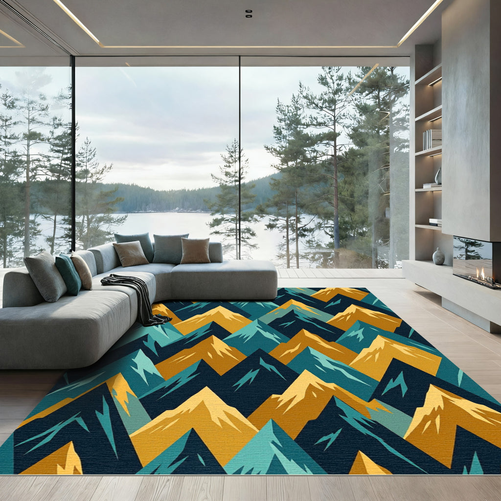 Geometric Teal Gold Mountain Peaks Rug