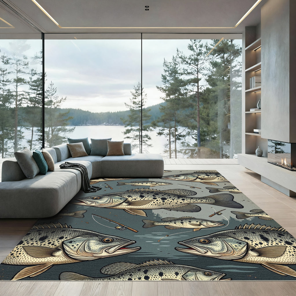 Spotted Freshwater Bass Fishing Illustration Rug