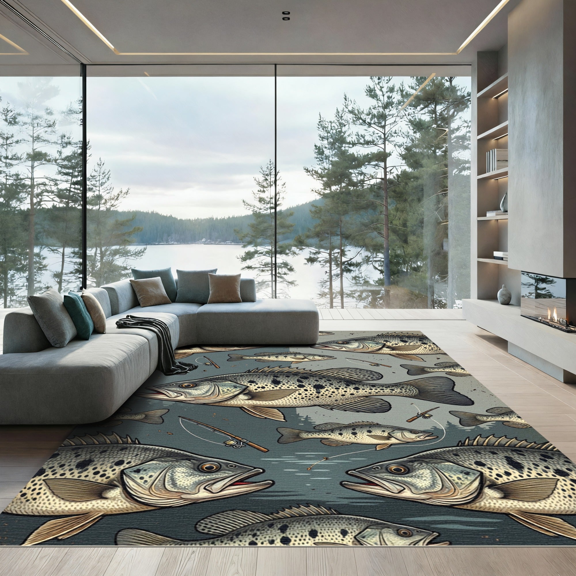 Spotted Freshwater Bass Fishing Illustration Rug