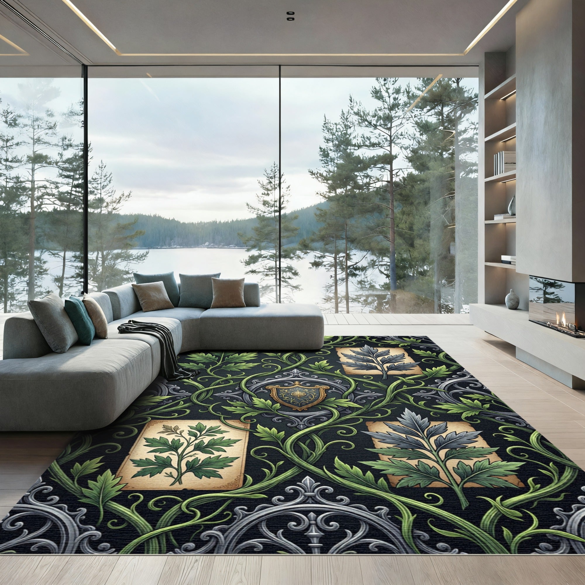 Gothic Emerald Leaf Shield Wallpaper Rug