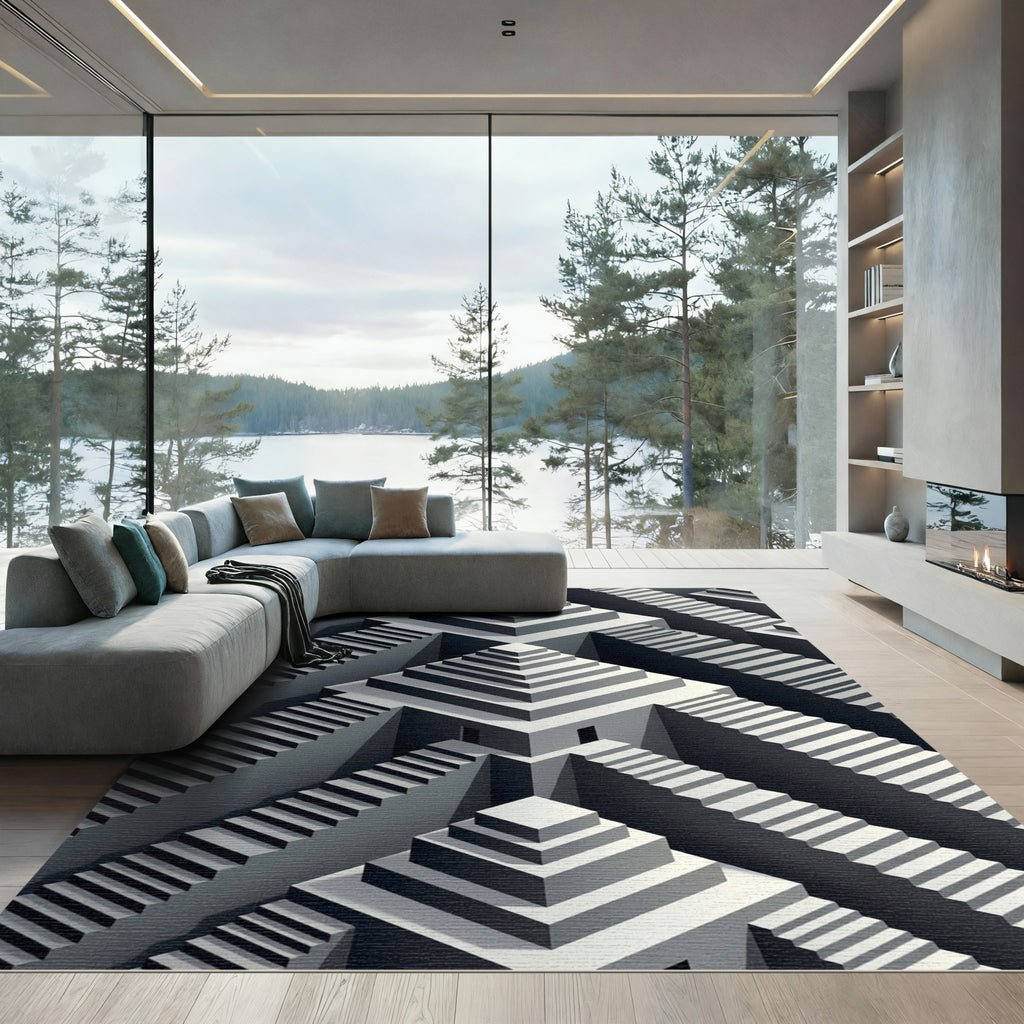 Monochromatic Escher Style Staircase Maze Rug