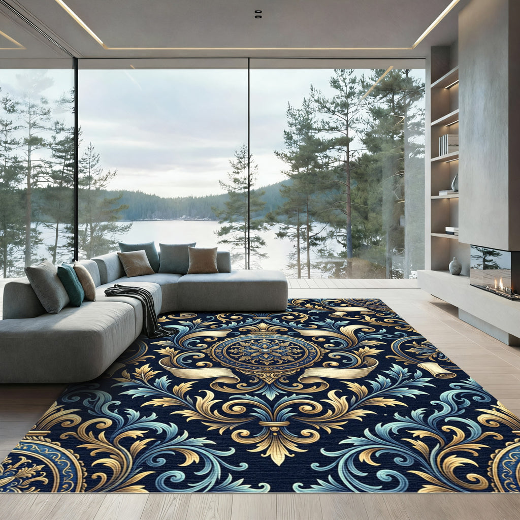 Elegant Navy Golden Baroque Scroll Medallion Rug