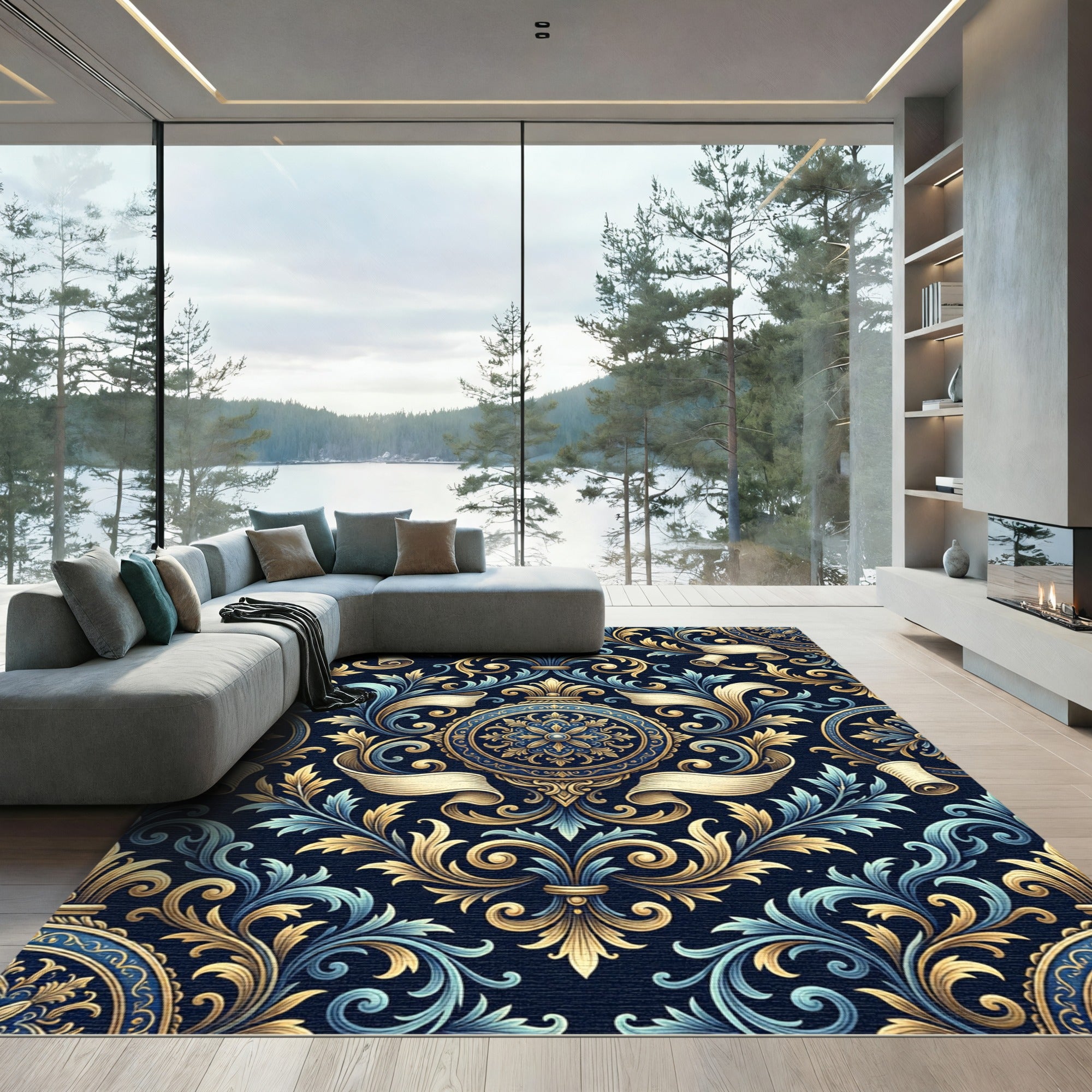 Elegant Navy Golden Baroque Scroll Medallion Rug