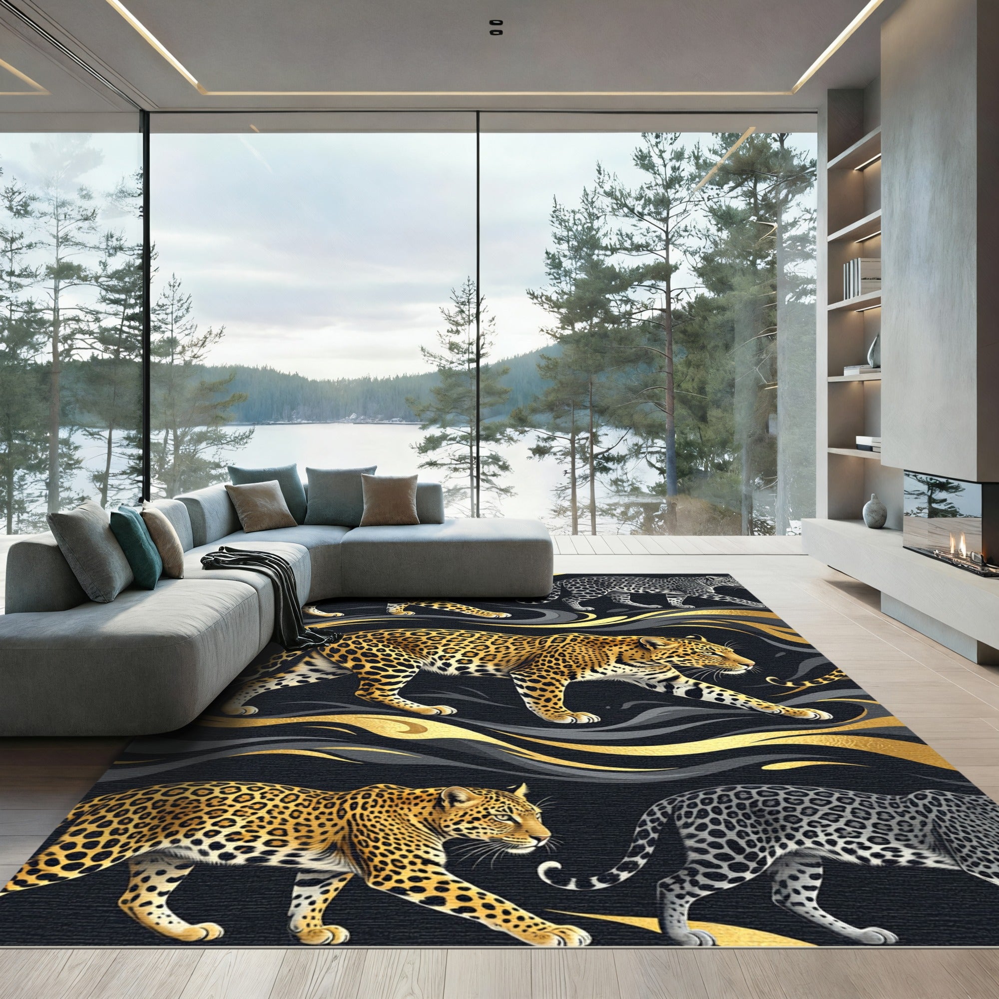 Golden Spotted Leopard Noir Wave Rug