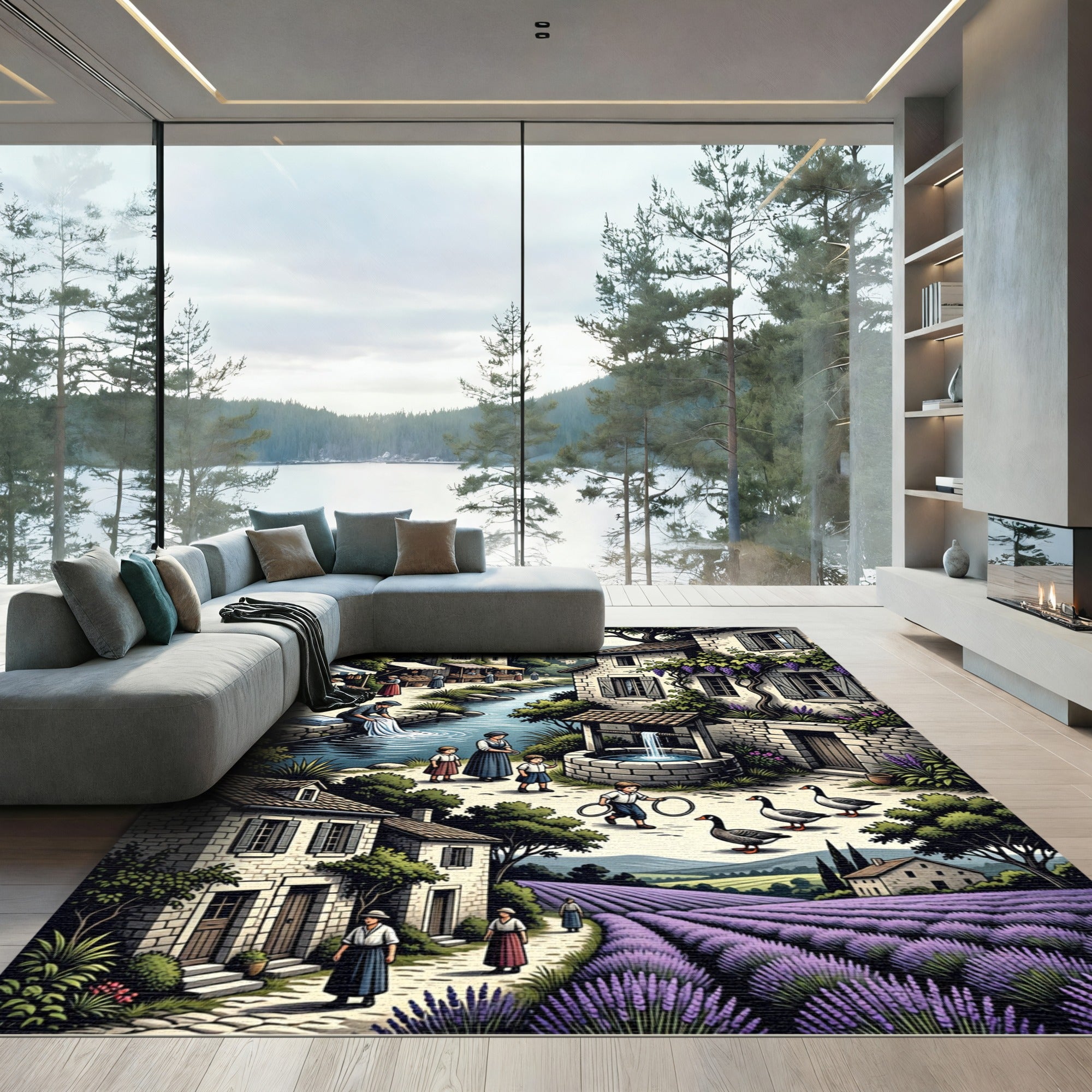 French Village Lavender Field Scene Rug