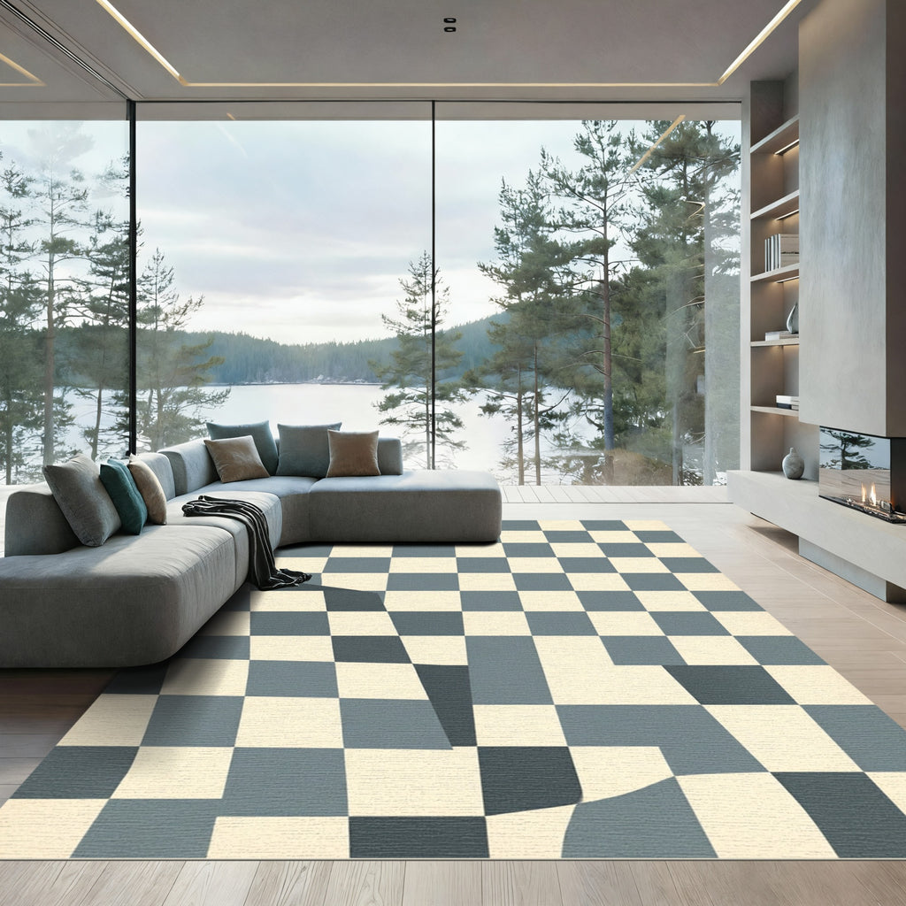 Distorted Blue Checkerboard Square Abstract Rug