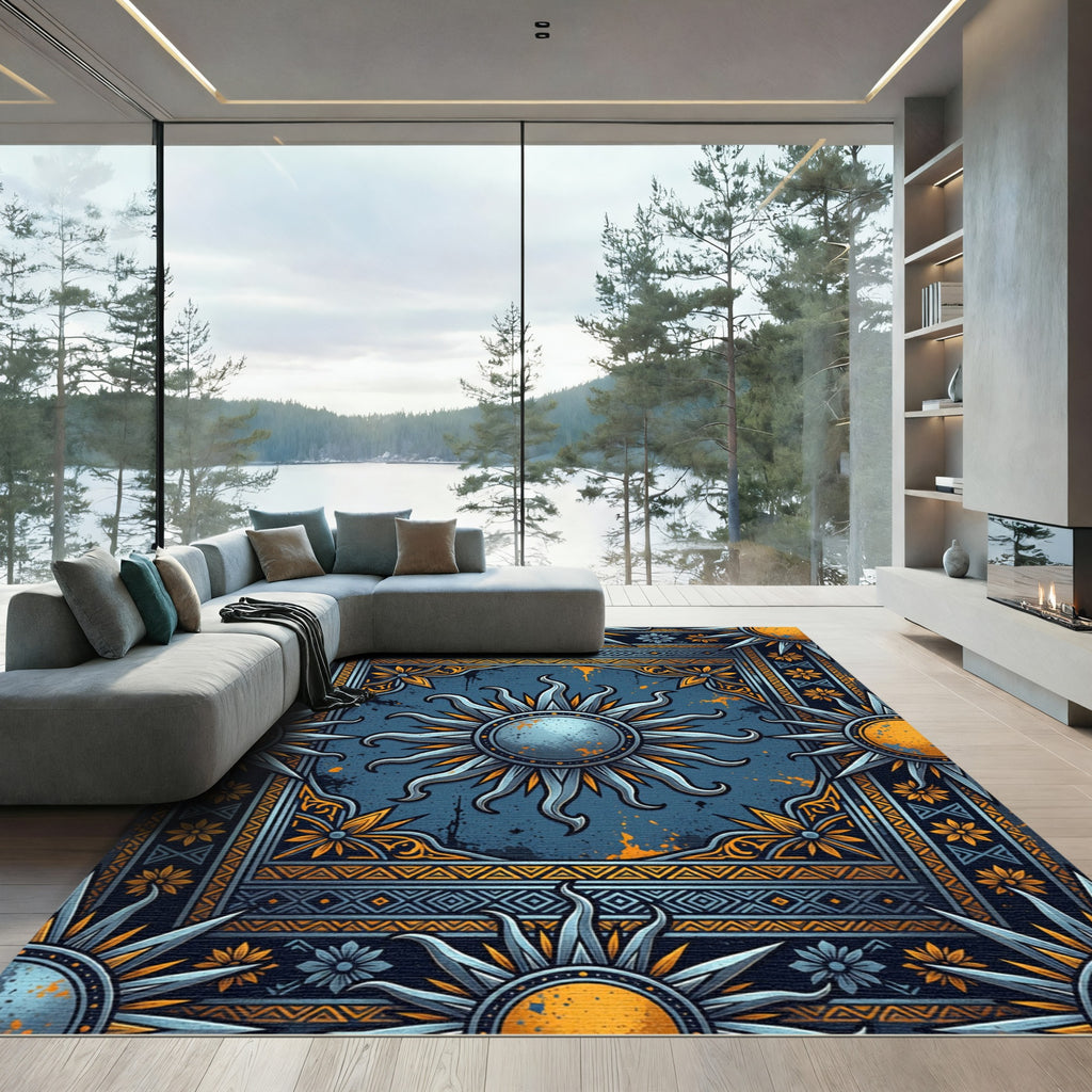 Celestial Sunburst Navy and Gold Tapestry Rug