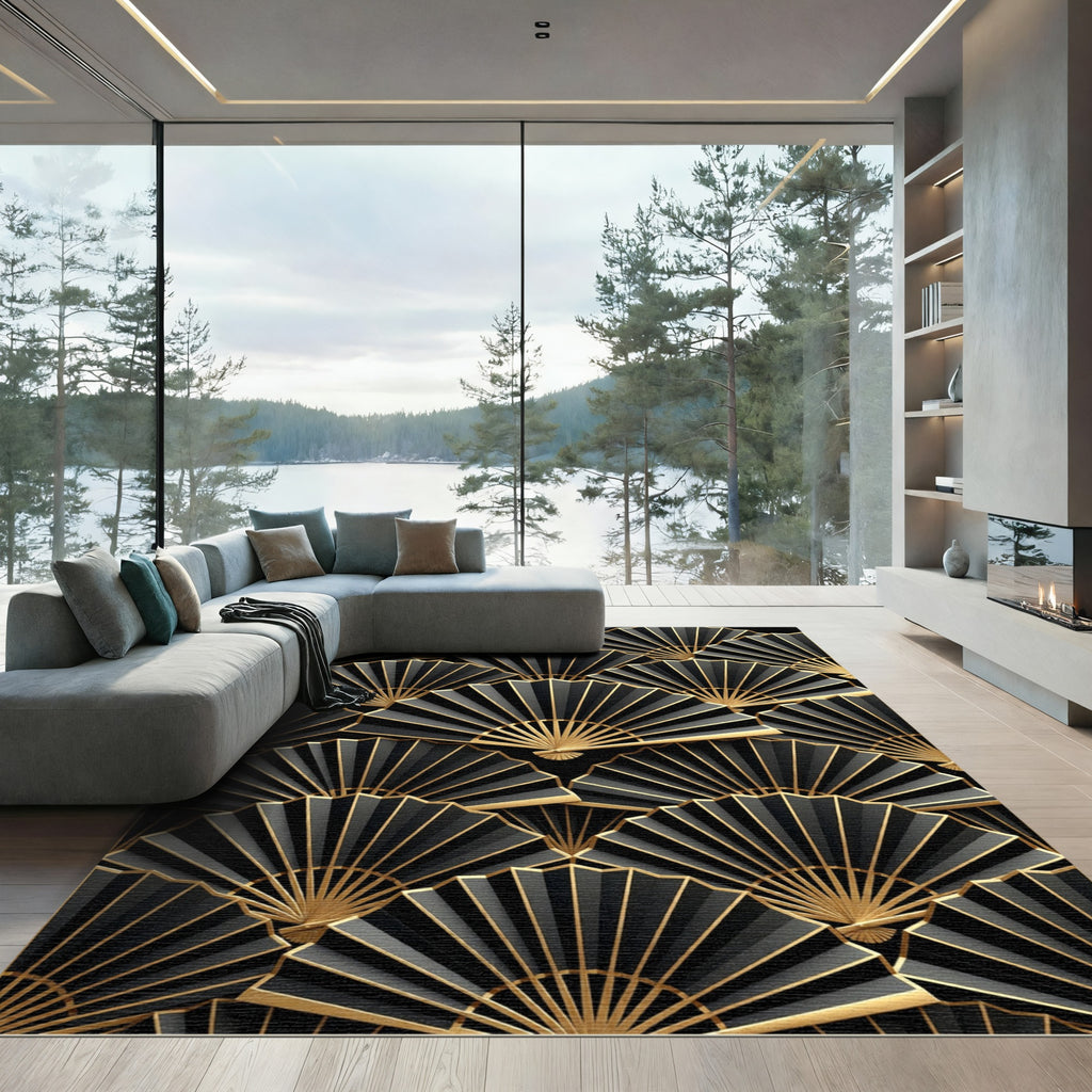 Golden Fan Art Deco Black Rug