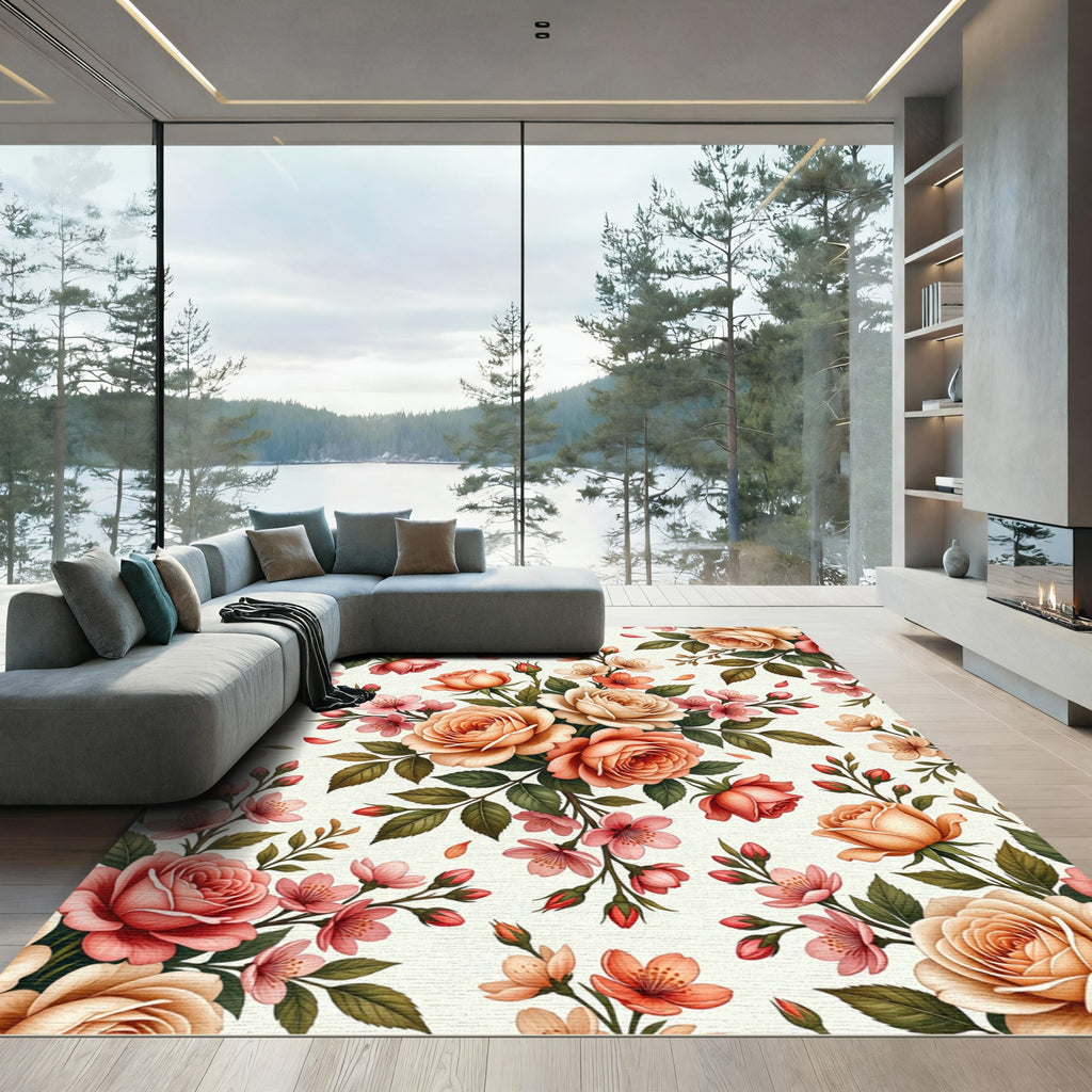 Elegant Peach Rose Floral Garden Rug