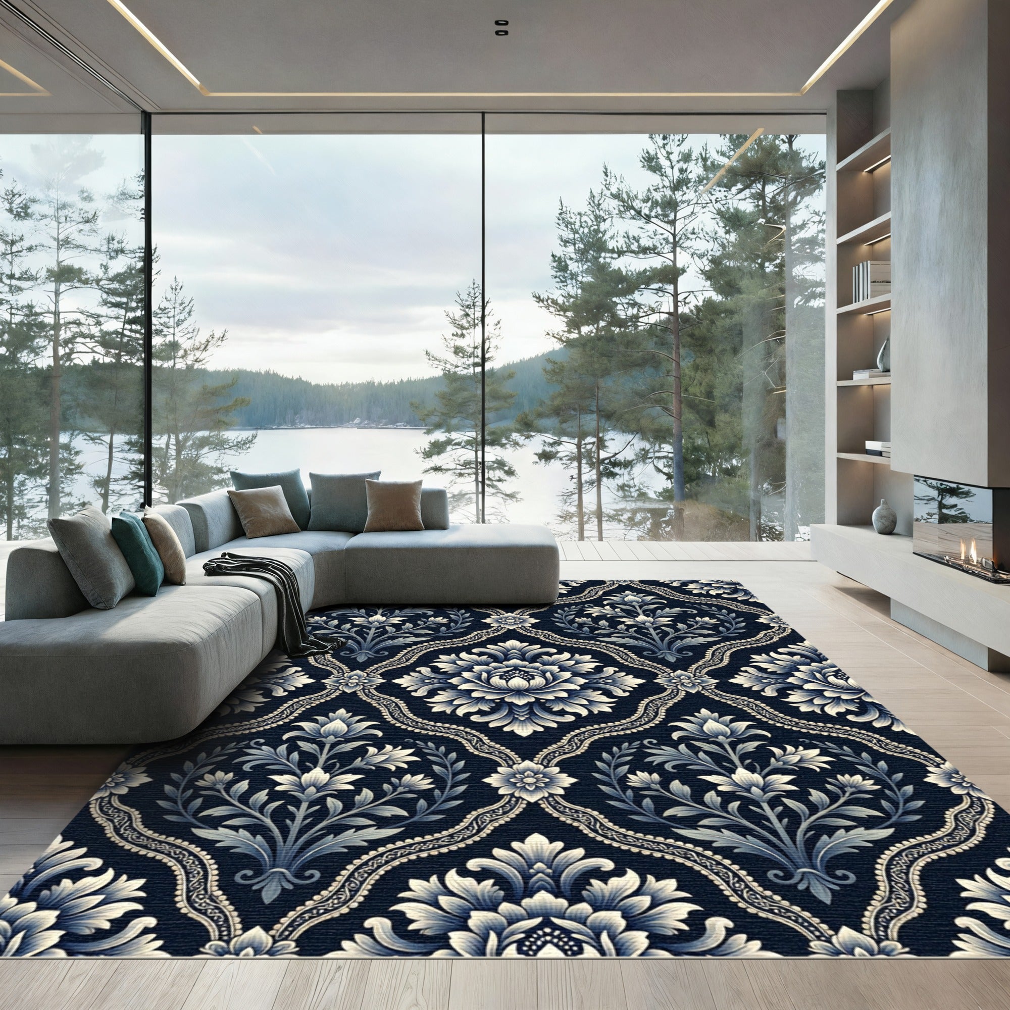 Navy Blue Floral Damask Scrollwork Rug