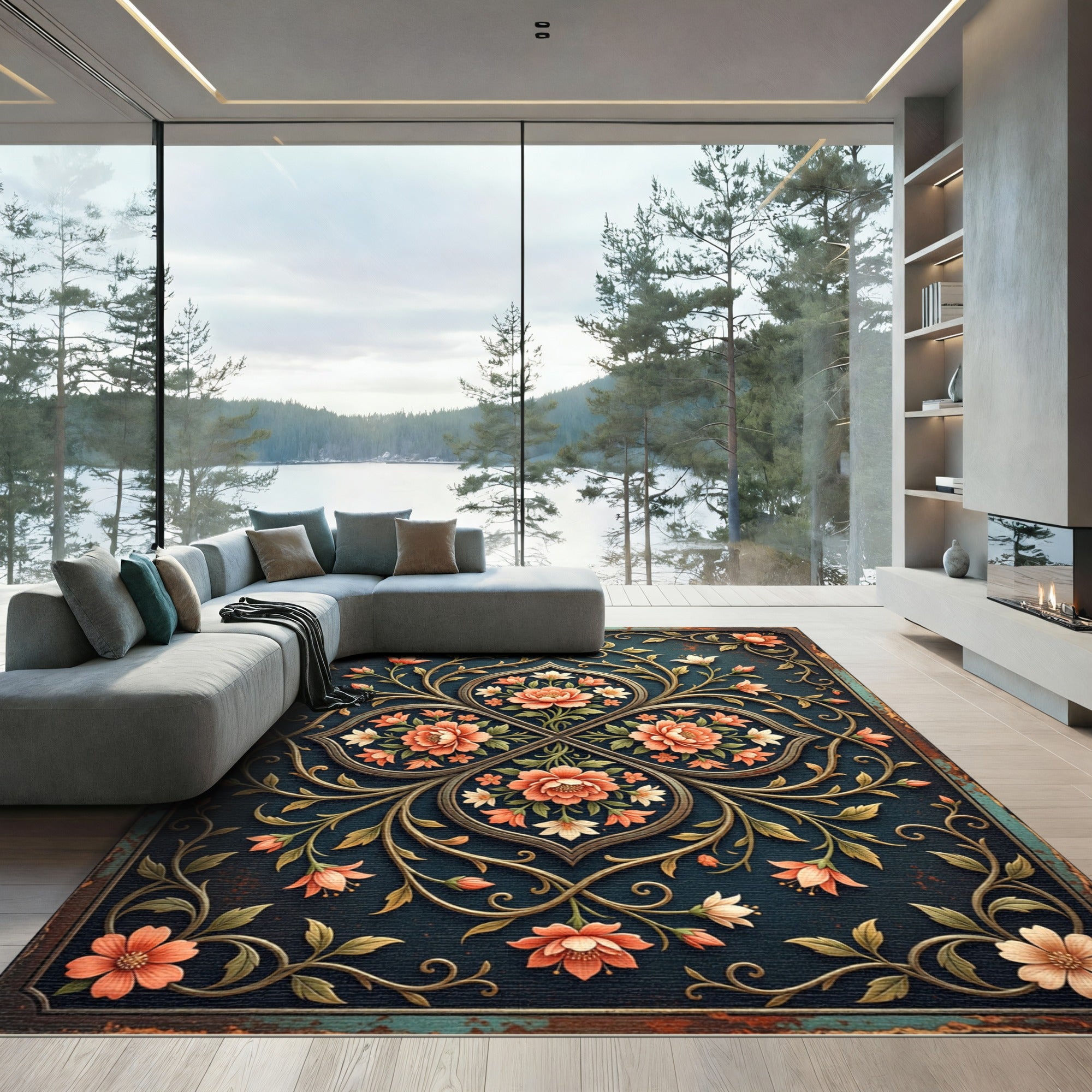 Elegant Coral Floral Medallion Scroll Rug