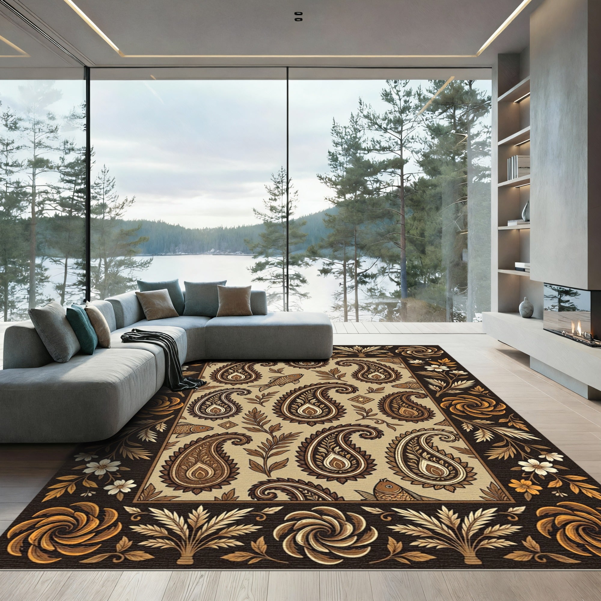 Golden Paisley Fish Ink Illustration Rug