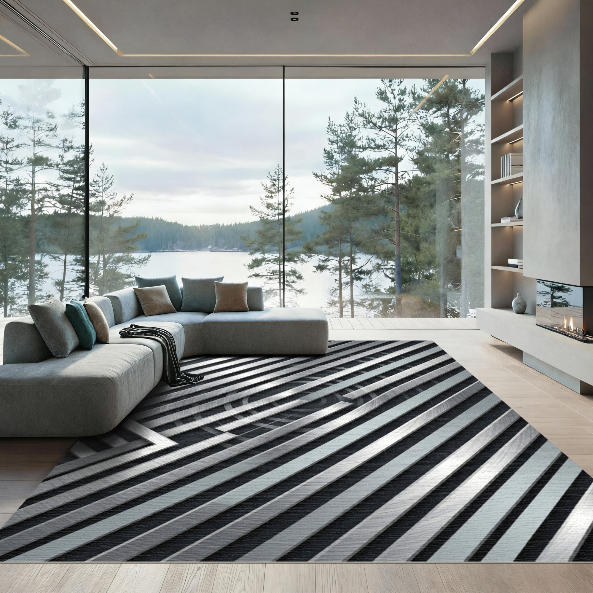 Modern Metallic Silver Diagonal Stripe Rug