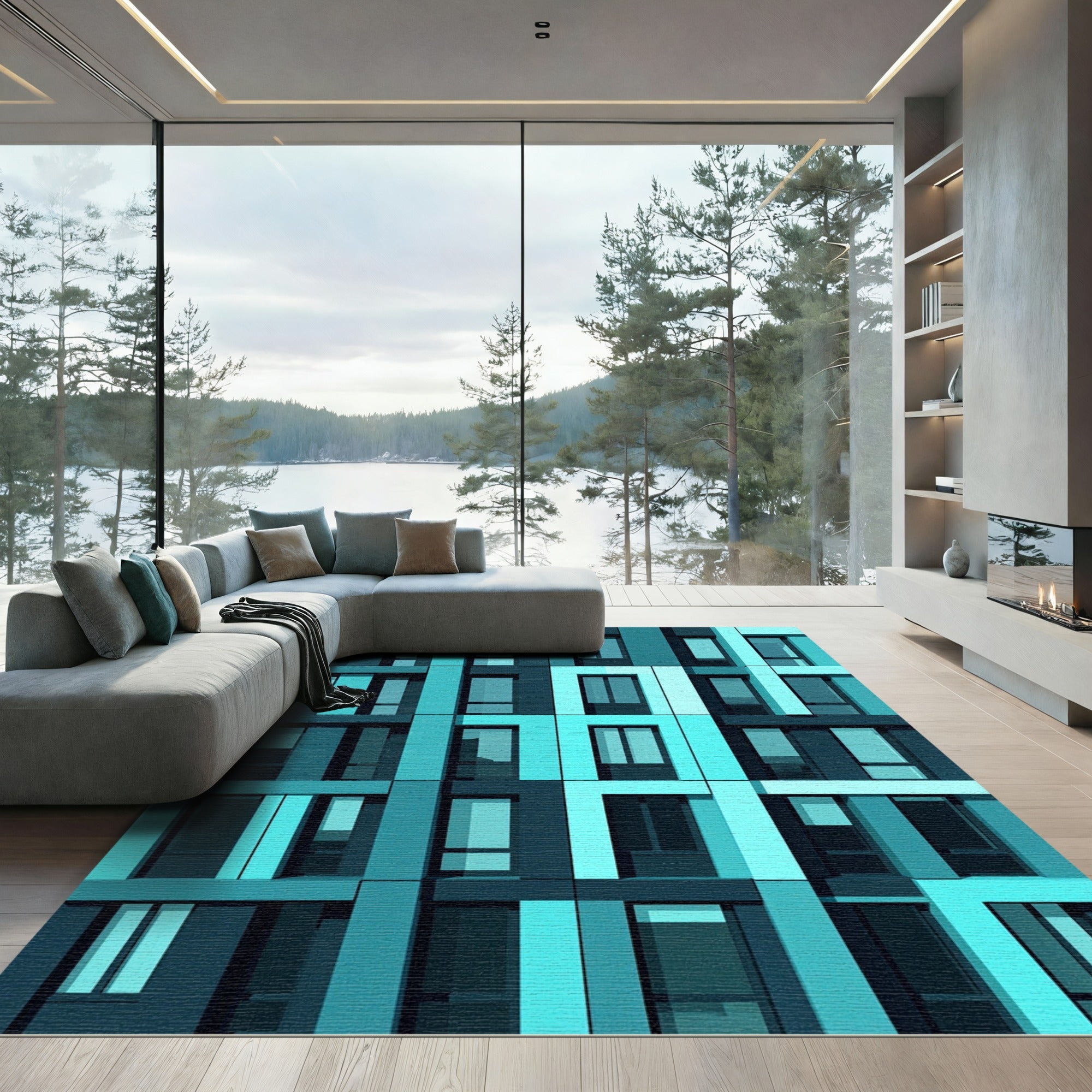 Modern Teal Geometric Grid Rectangles Rug