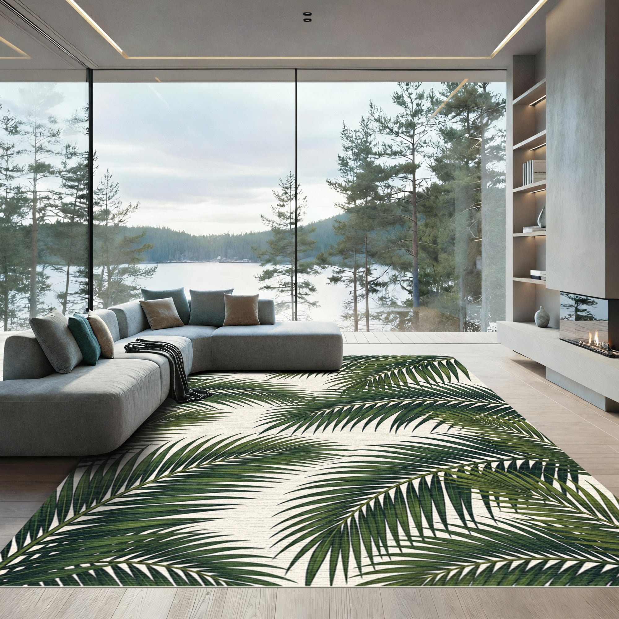 Emerald Green Palm Frond Overlay Rug