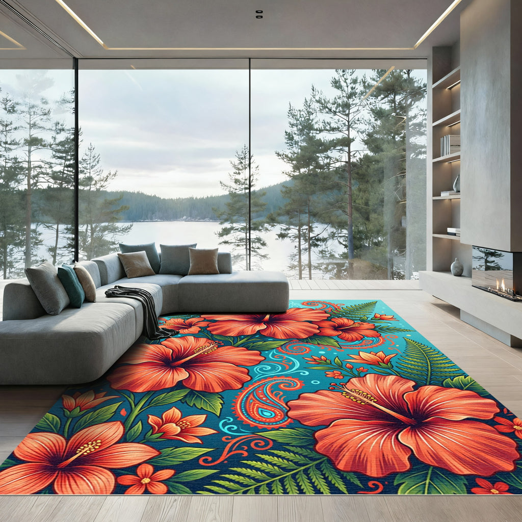 Coral Hibiscus Fern Paisley Accent Rug
