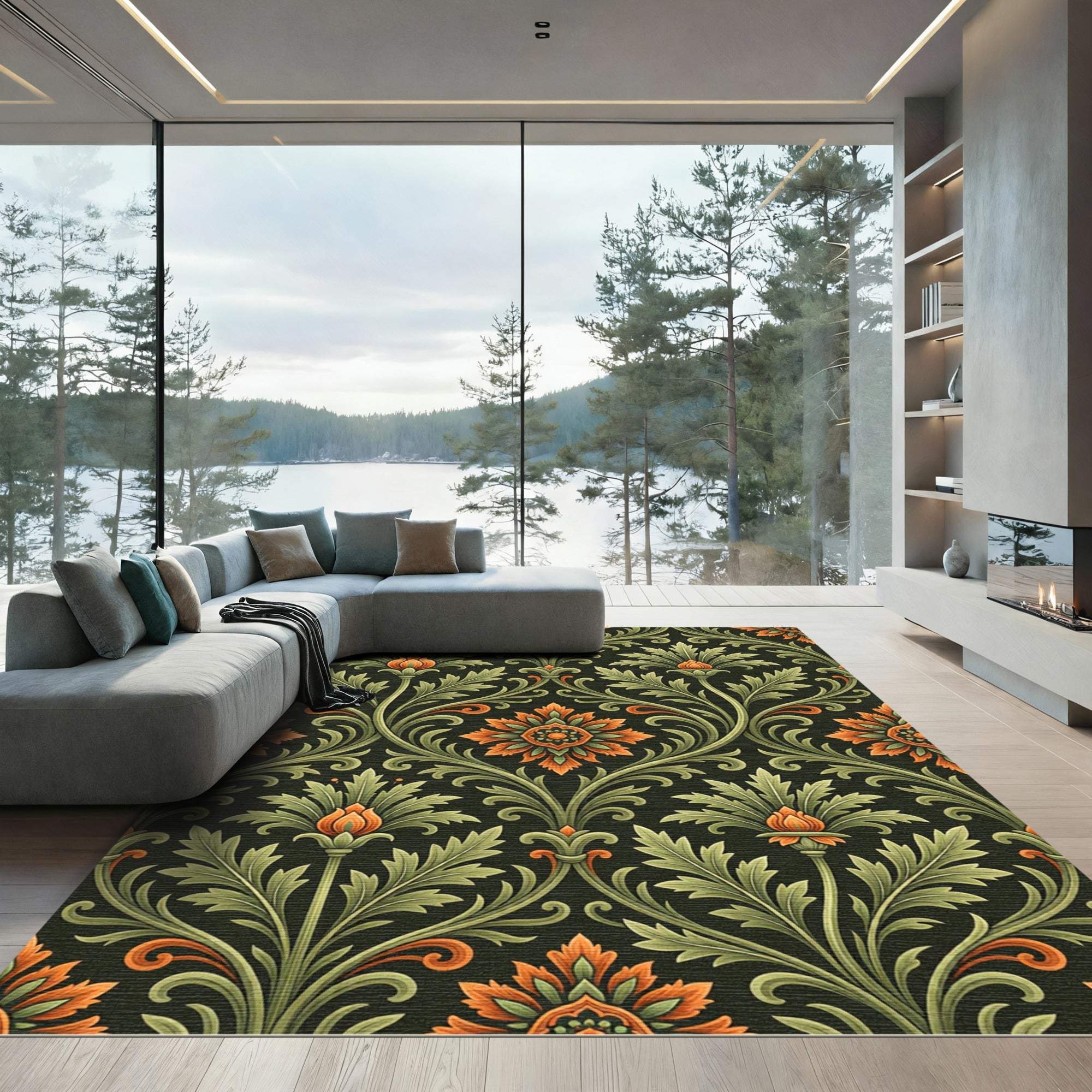 Orange Green Floral Scrollwork Serenity Rug