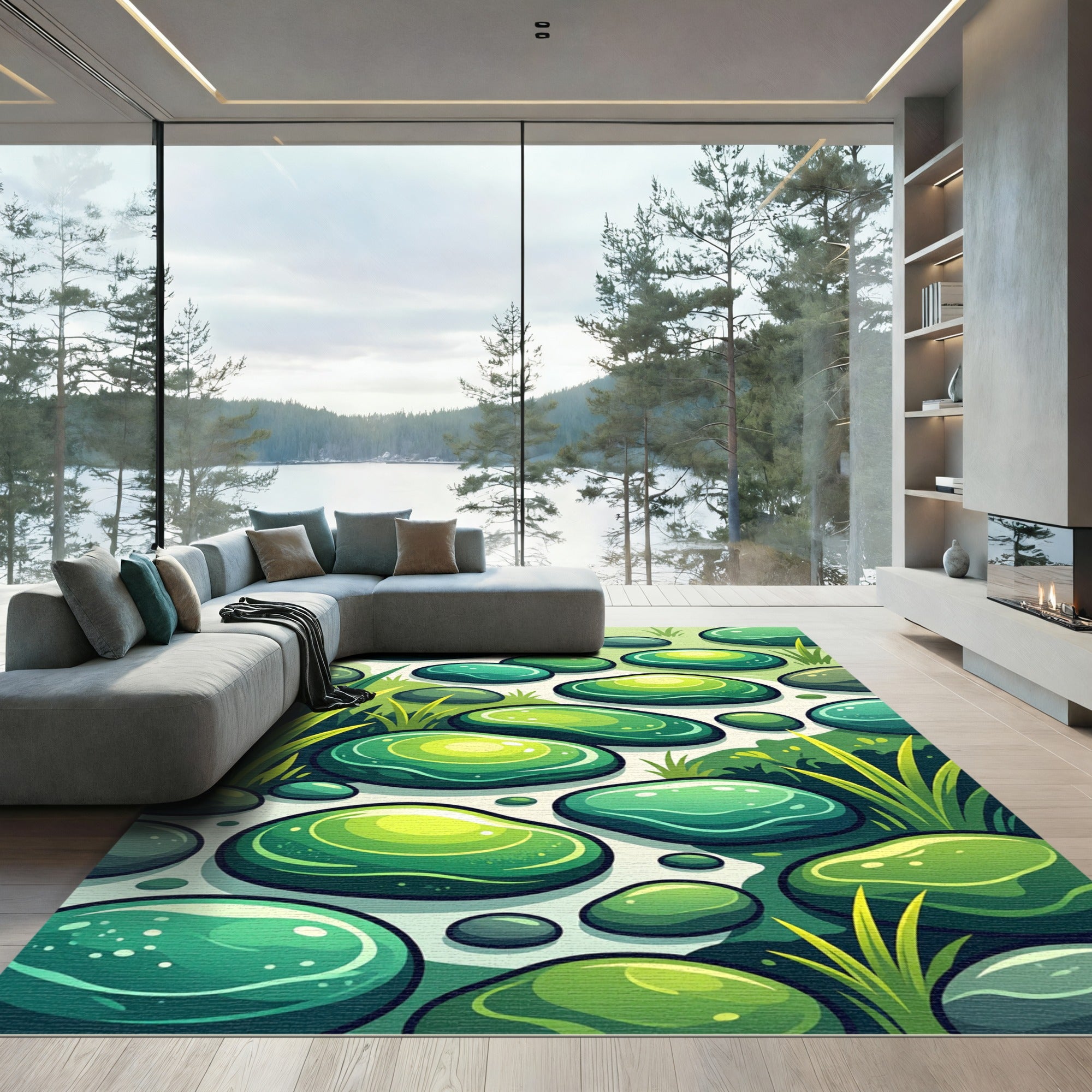 Lush Green Smooth Stone Arrangement Rug