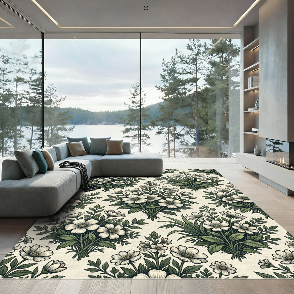 Elegant Cream Botanical Floral Meadow Rug