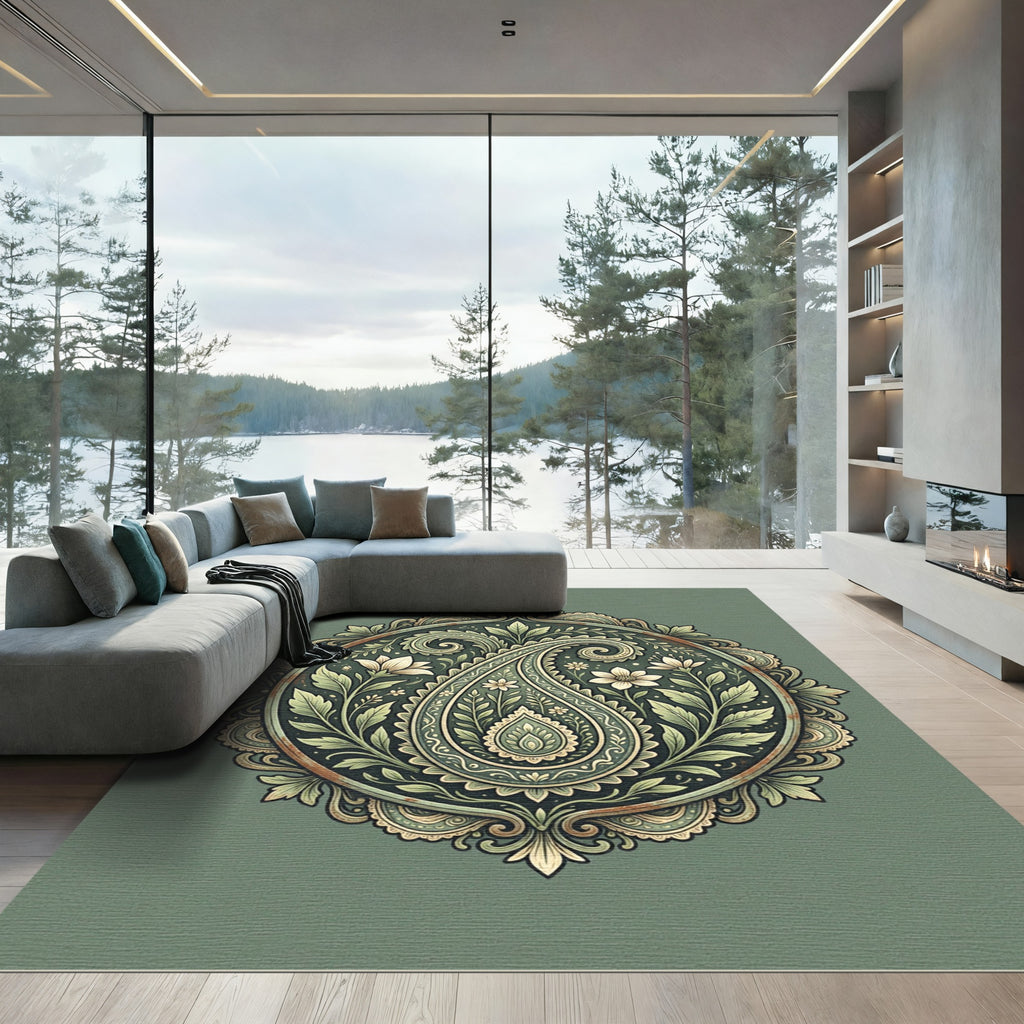 Sage Green Ornate Paisley Floral Medallion Rug