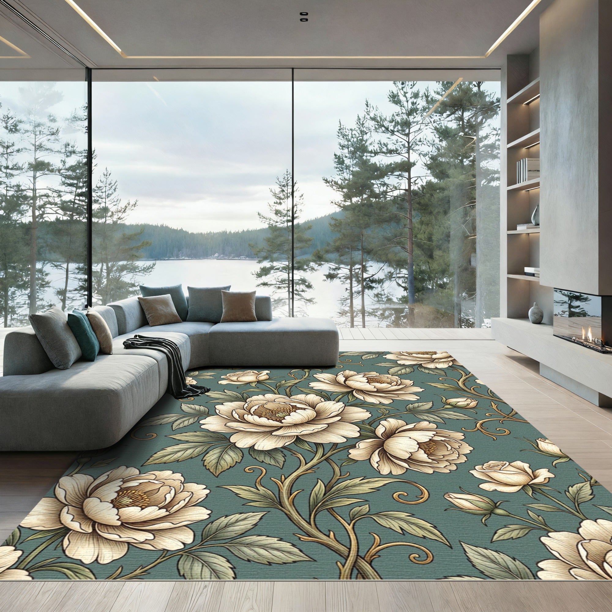 Vintage Sage Floral Peony Scroll Rug