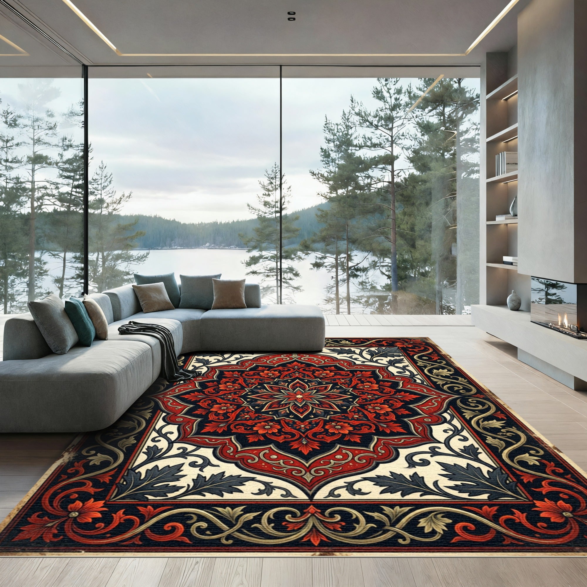 Crimson Floral Medallion with Ornate Foliage Rug