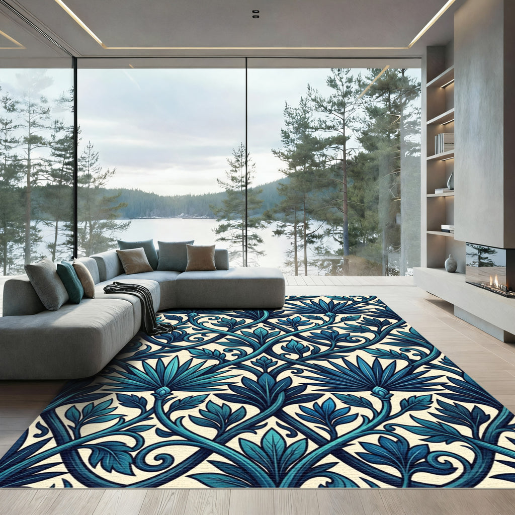 Deep Teal Leaf Vine Accents Rug