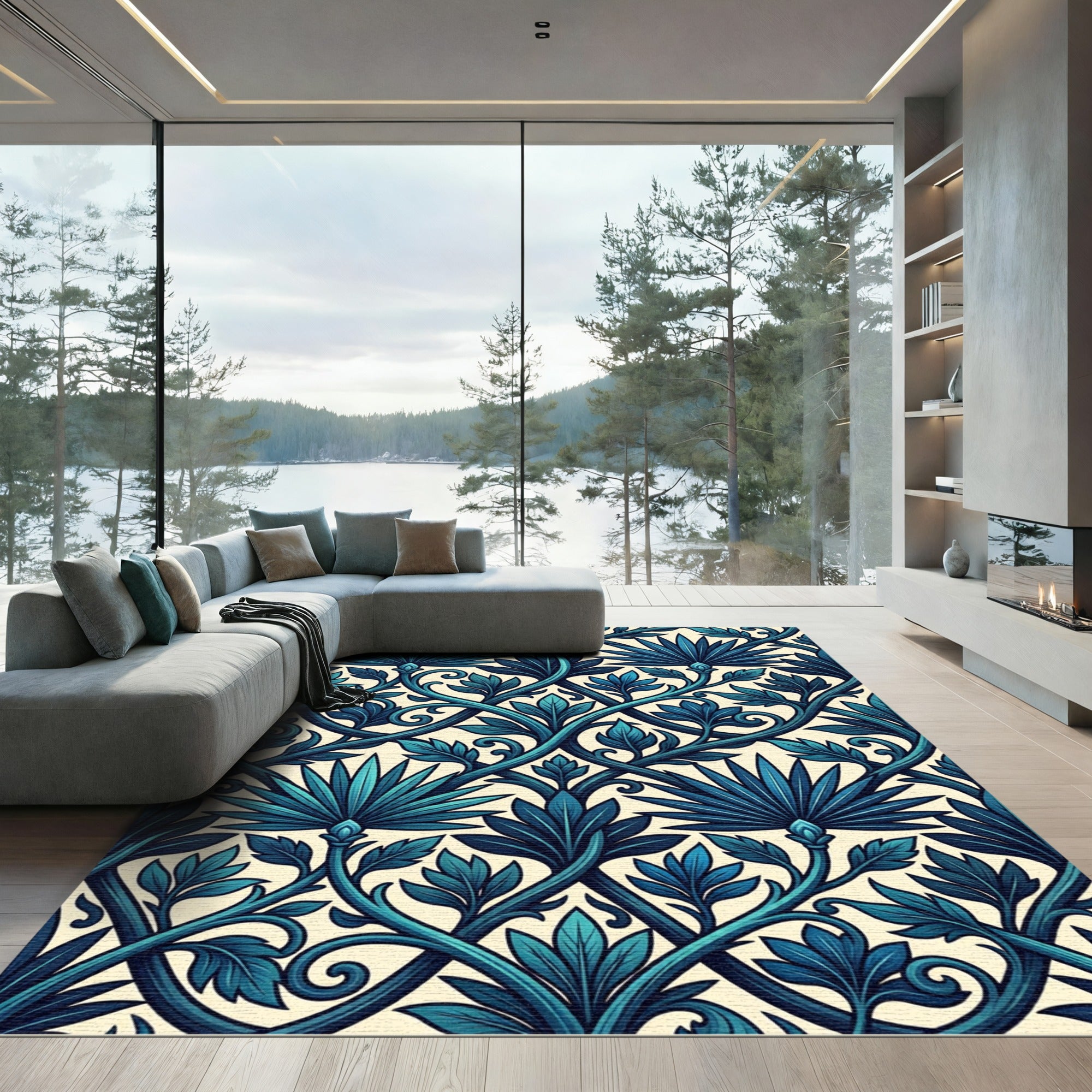 Deep Teal Leaf Vine Accents Rug