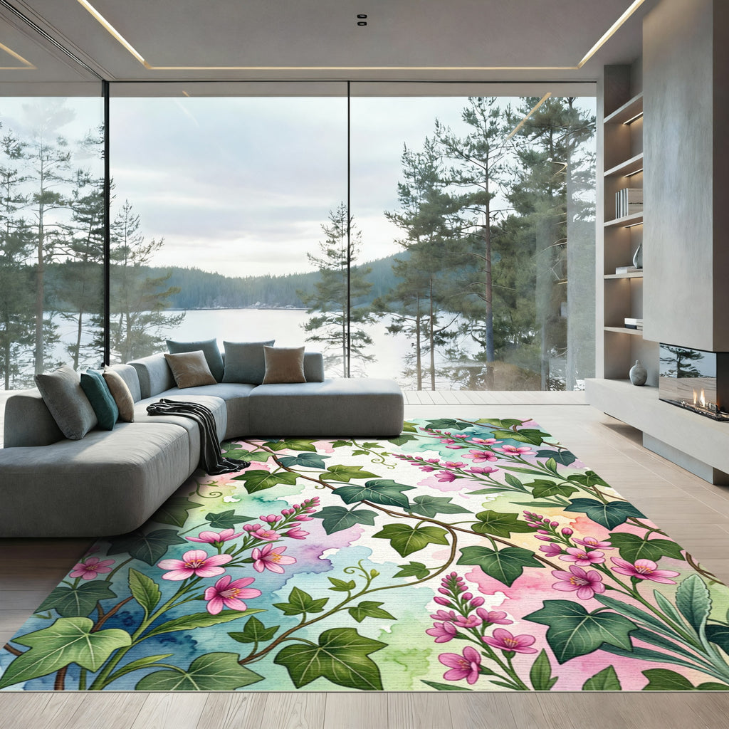 Watercolor Ivy and Pink Blossom Garden Rug