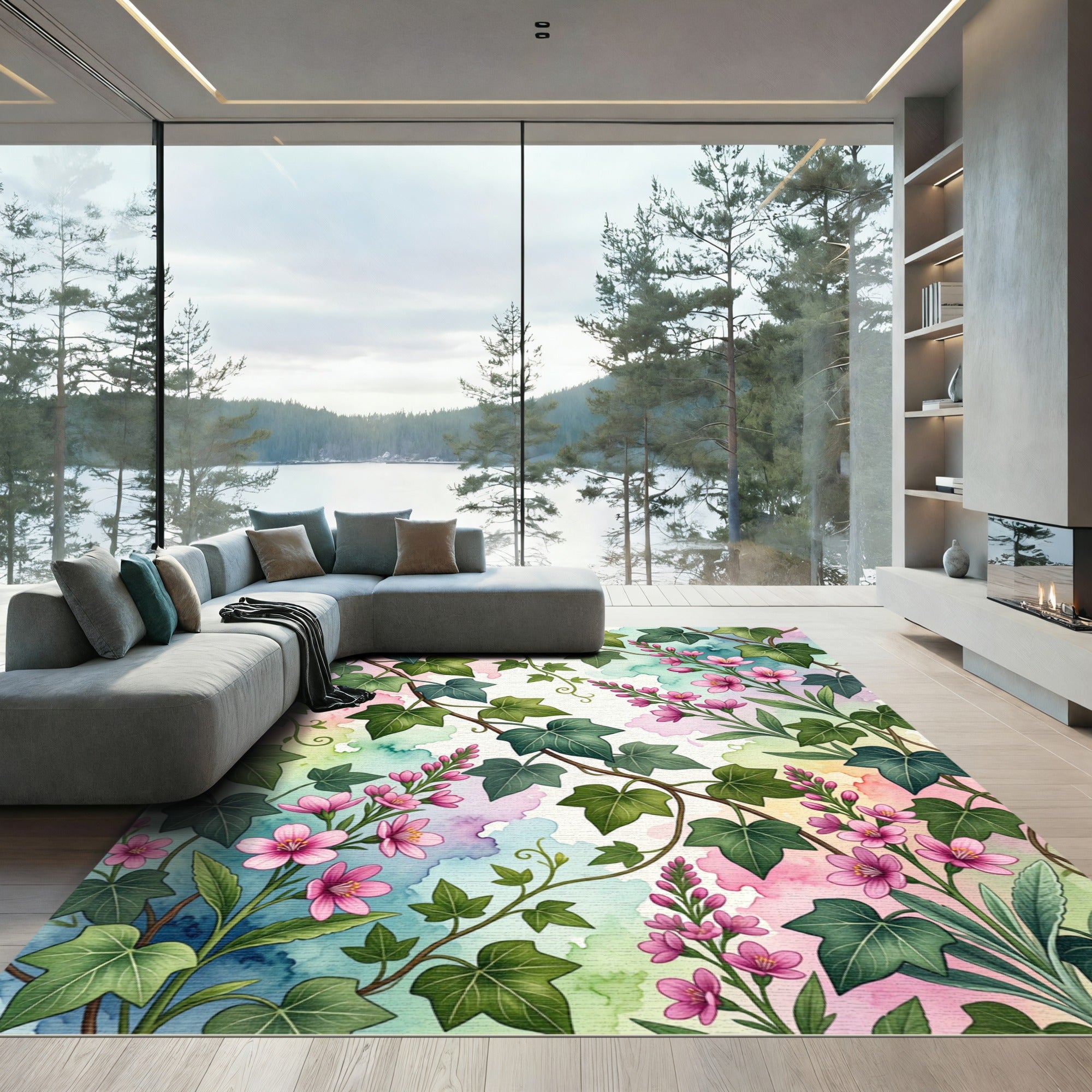 Watercolor Ivy and Pink Blossom Garden Rug