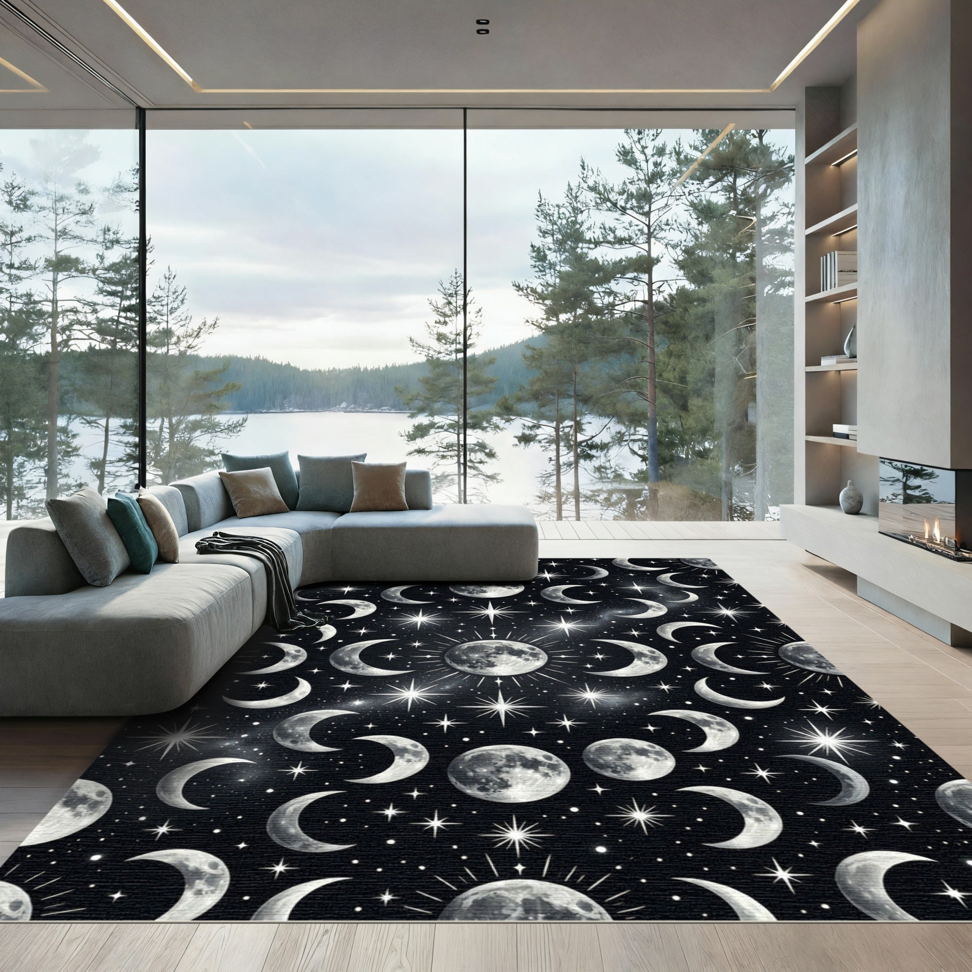 Celestial Lunar Phases and Starry Sky Rug