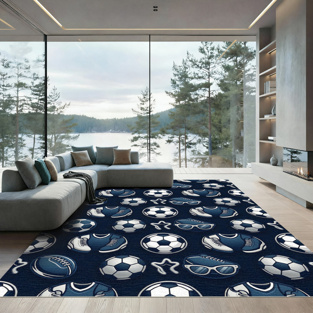 Navy Blue Soccer Sports Icon Rug