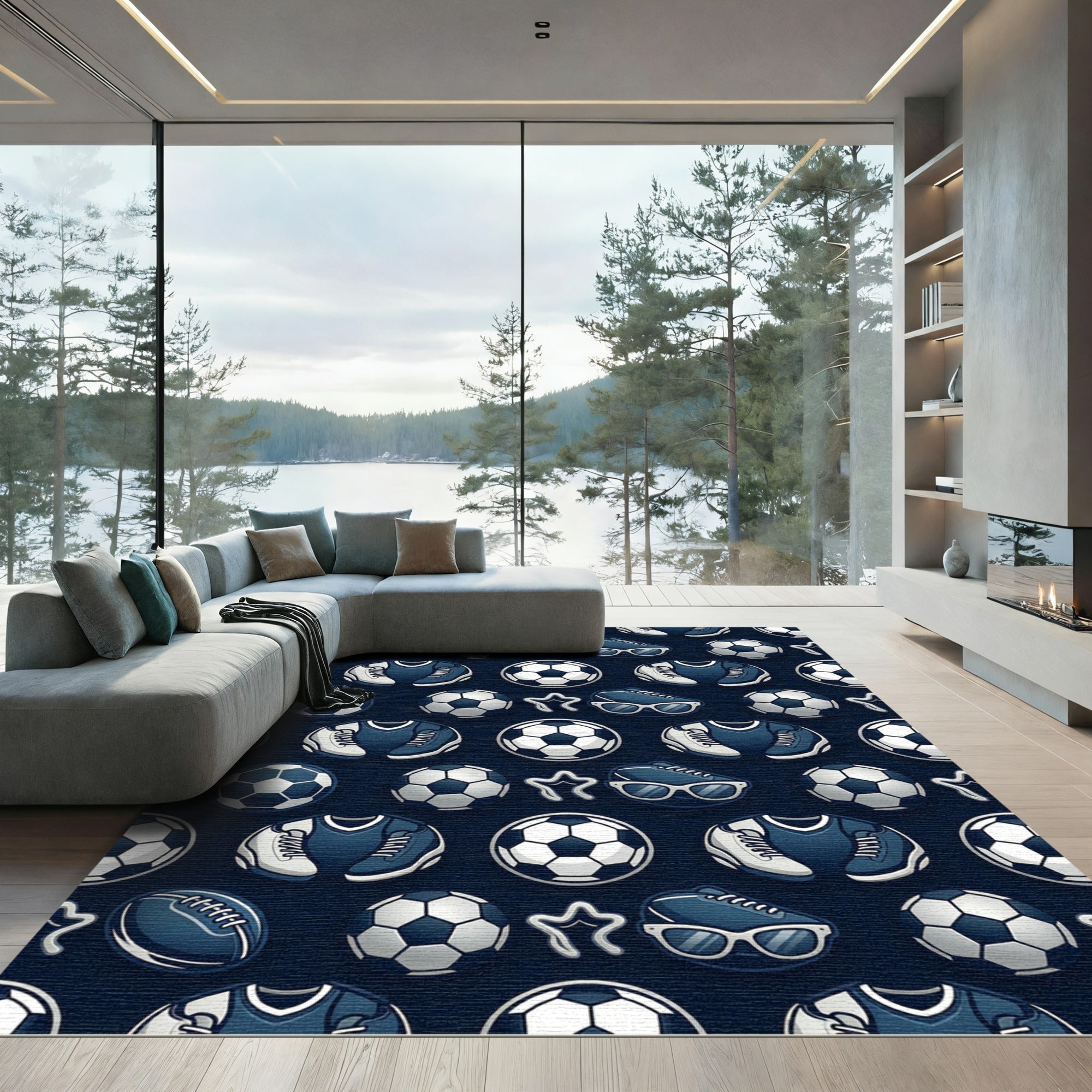Navy Blue Soccer Sports Icon Rug