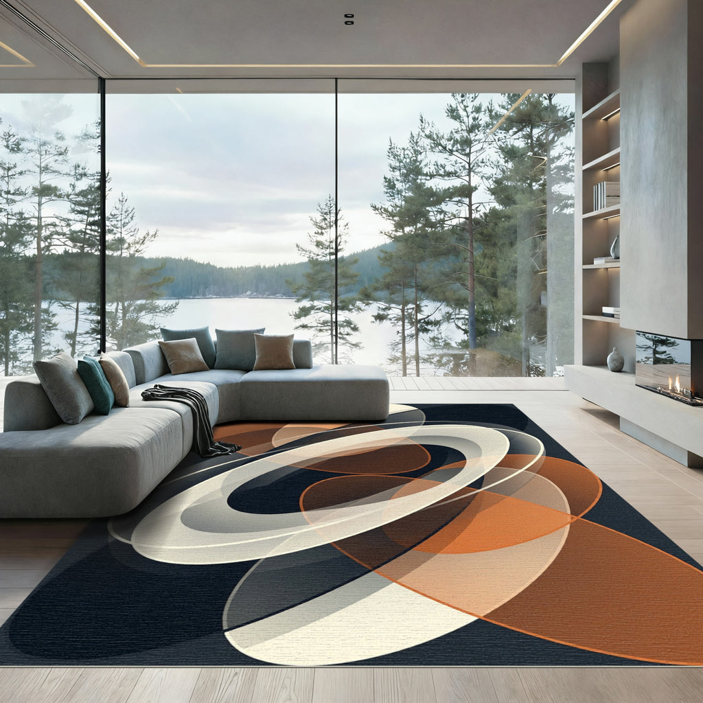 Modern Abstract Burnt Orange Elliptical Art Rug