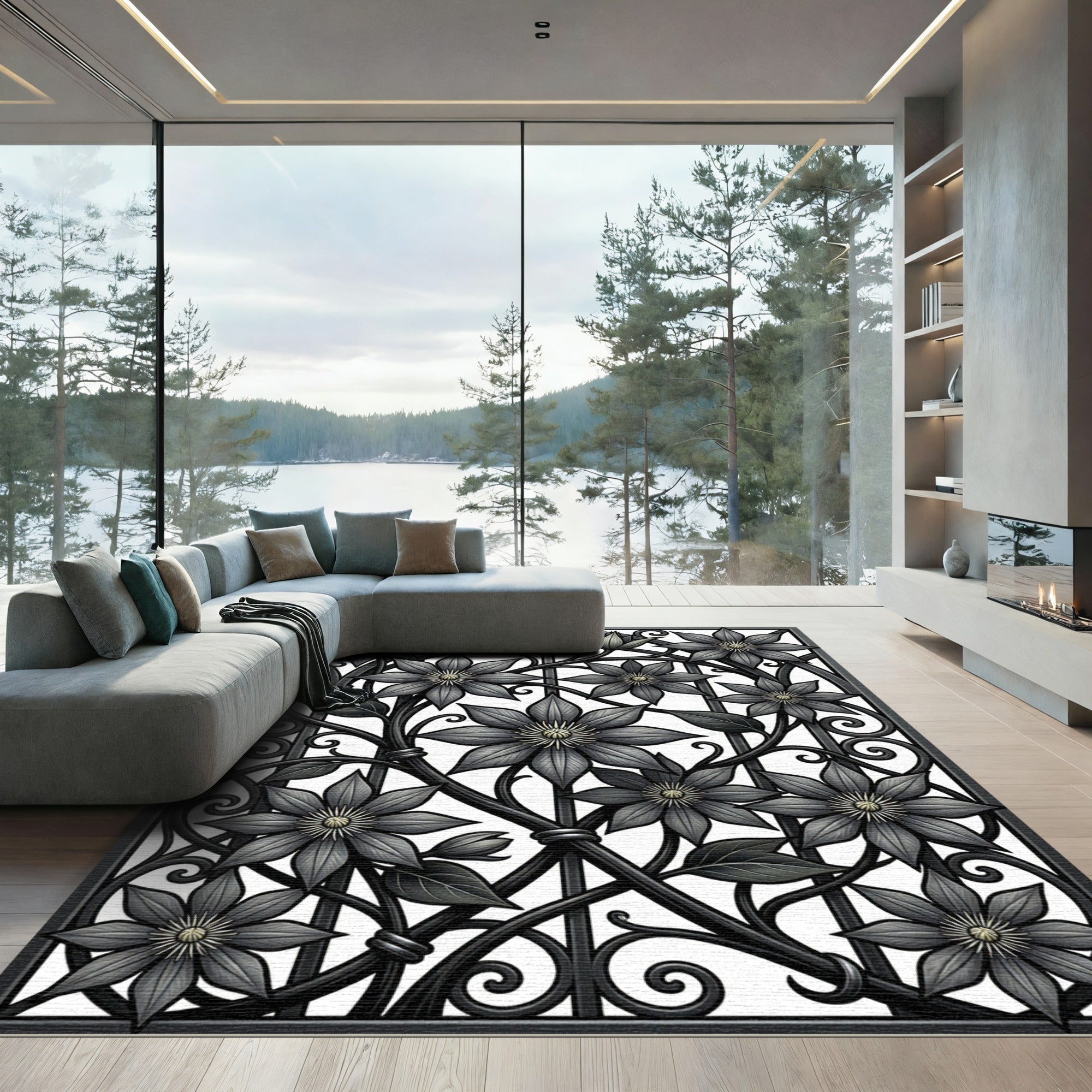 Monochrome Clematis Floral Wrought Iron Art Rug