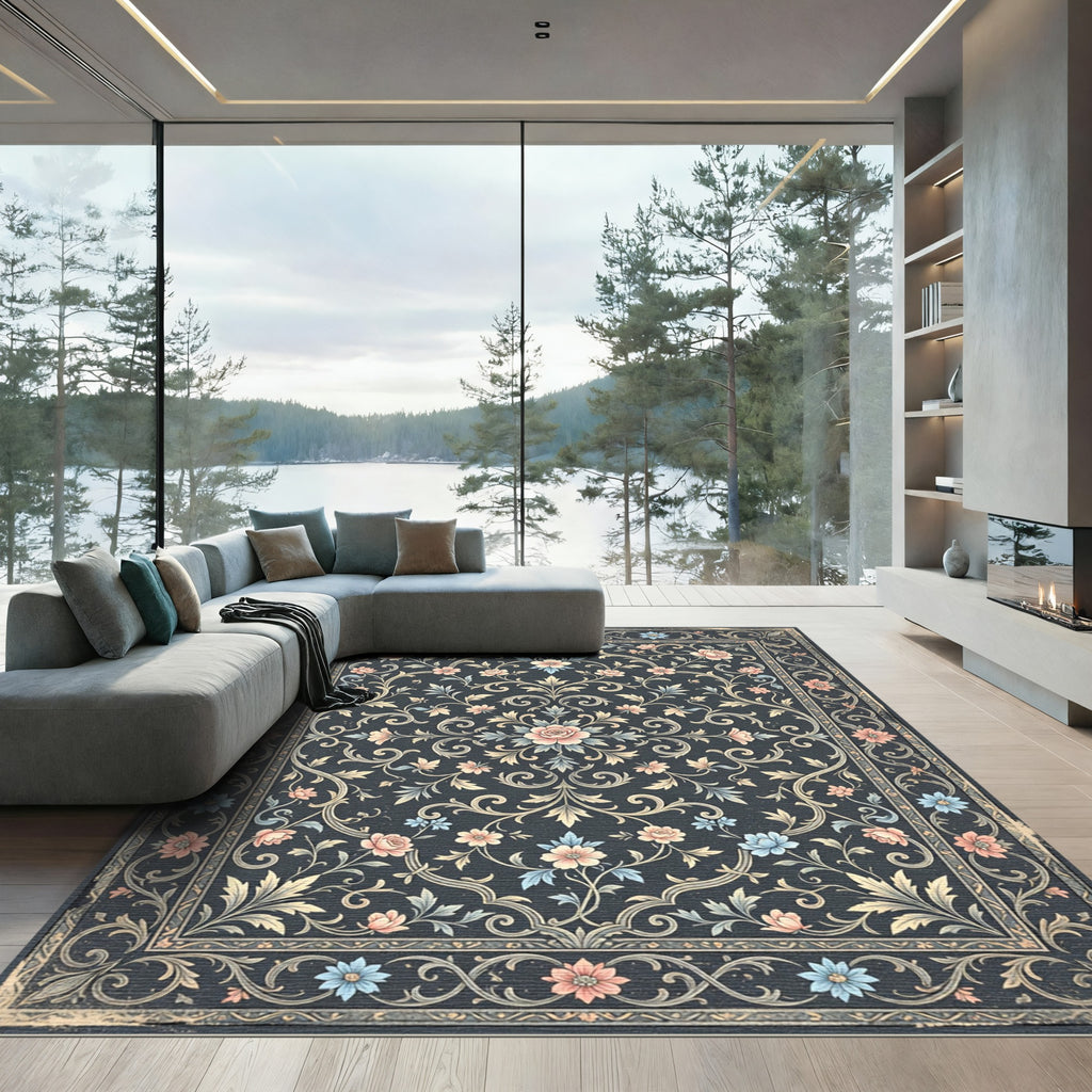 Elegant Floral Scroll Navy Rose Rug