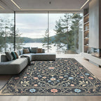 Elegant Floral Scroll Navy Rose Rug