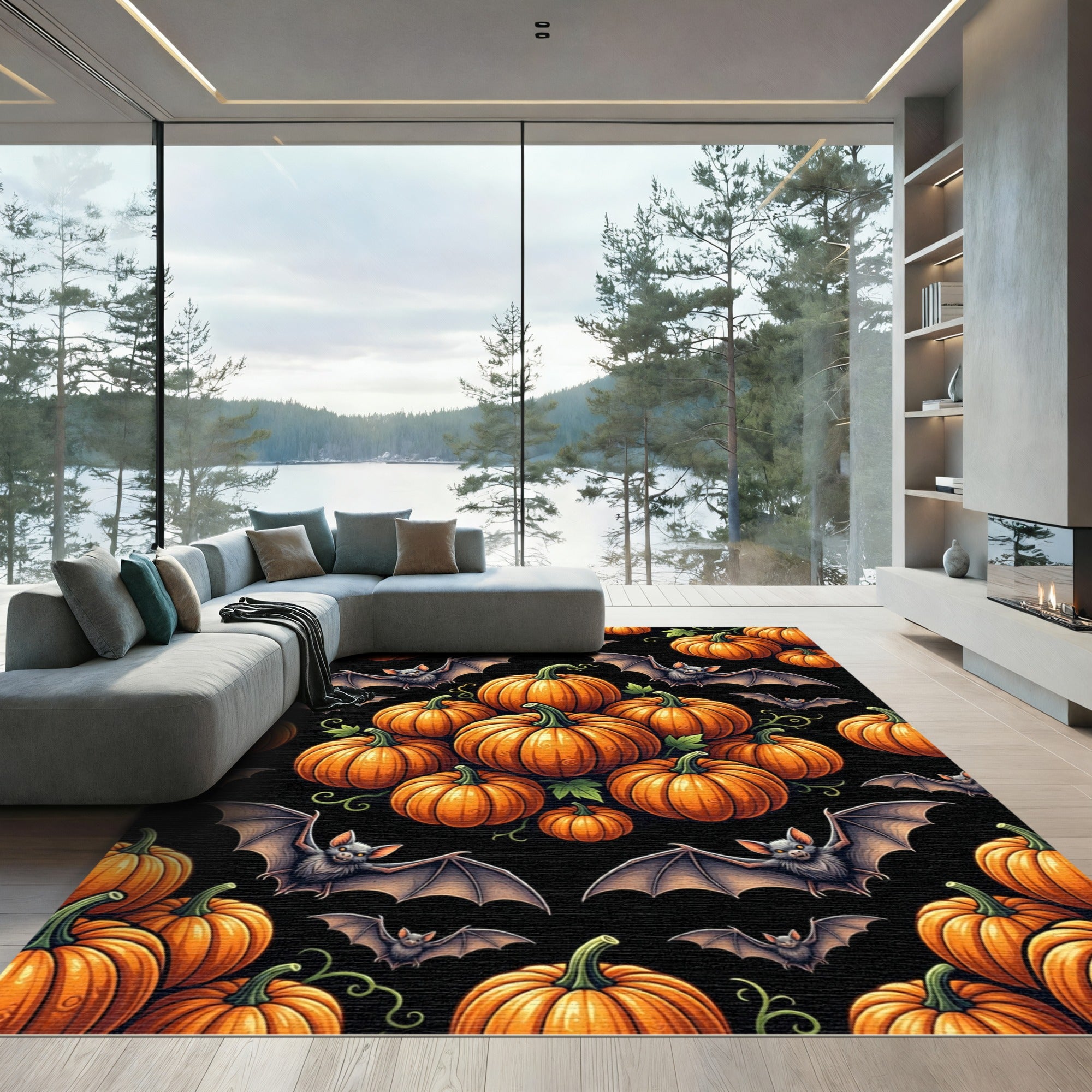 Spooky Halloween Pumpkins and Bats Rug