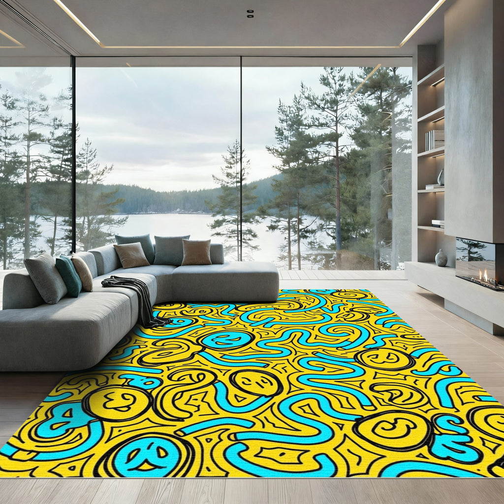 Yellow Aqua Whimsical Swirls Rug
