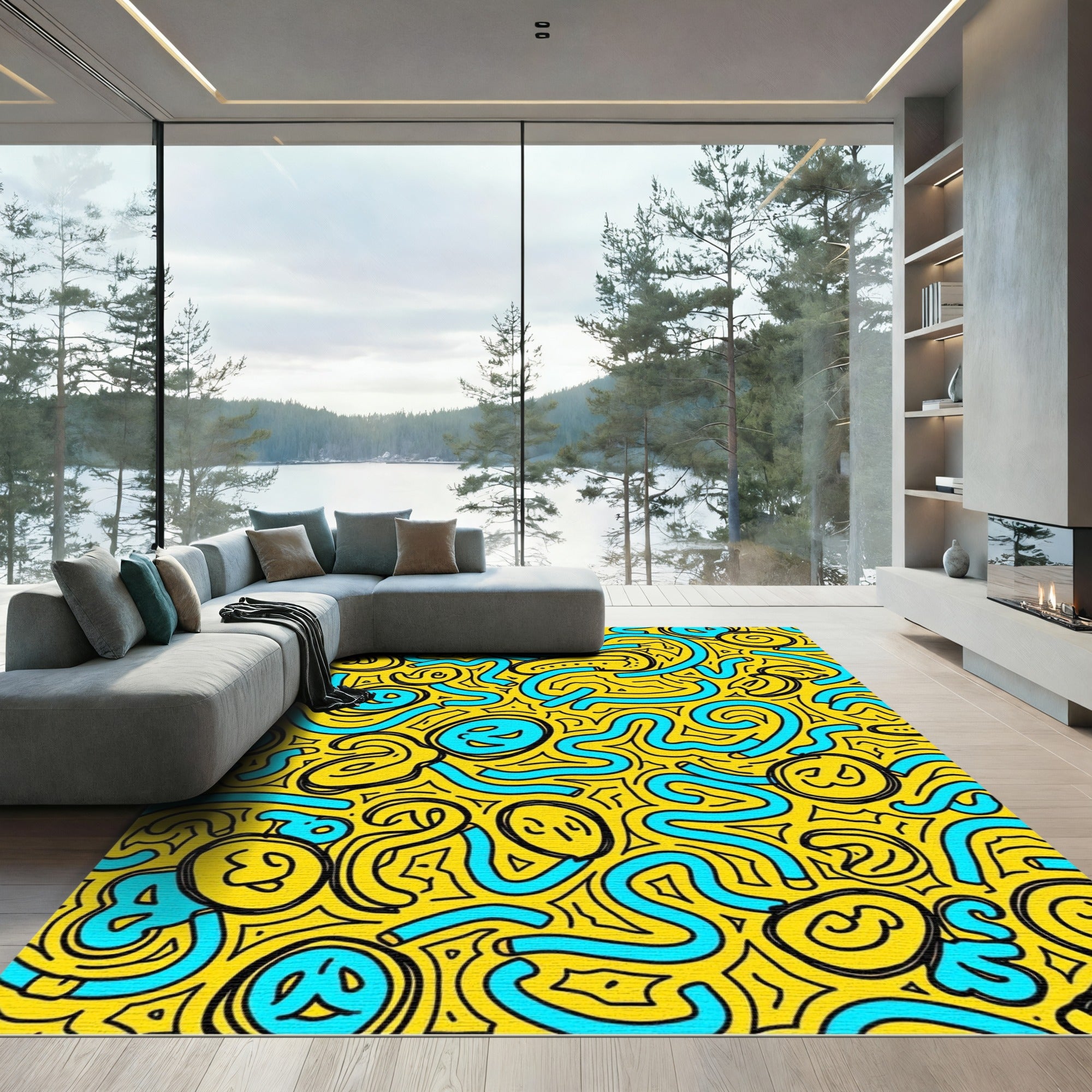 Yellow Aqua Whimsical Swirls Rug