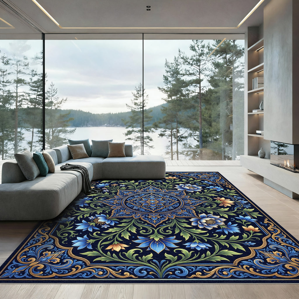Intricate Navy Floral Bloom Medallion Rug