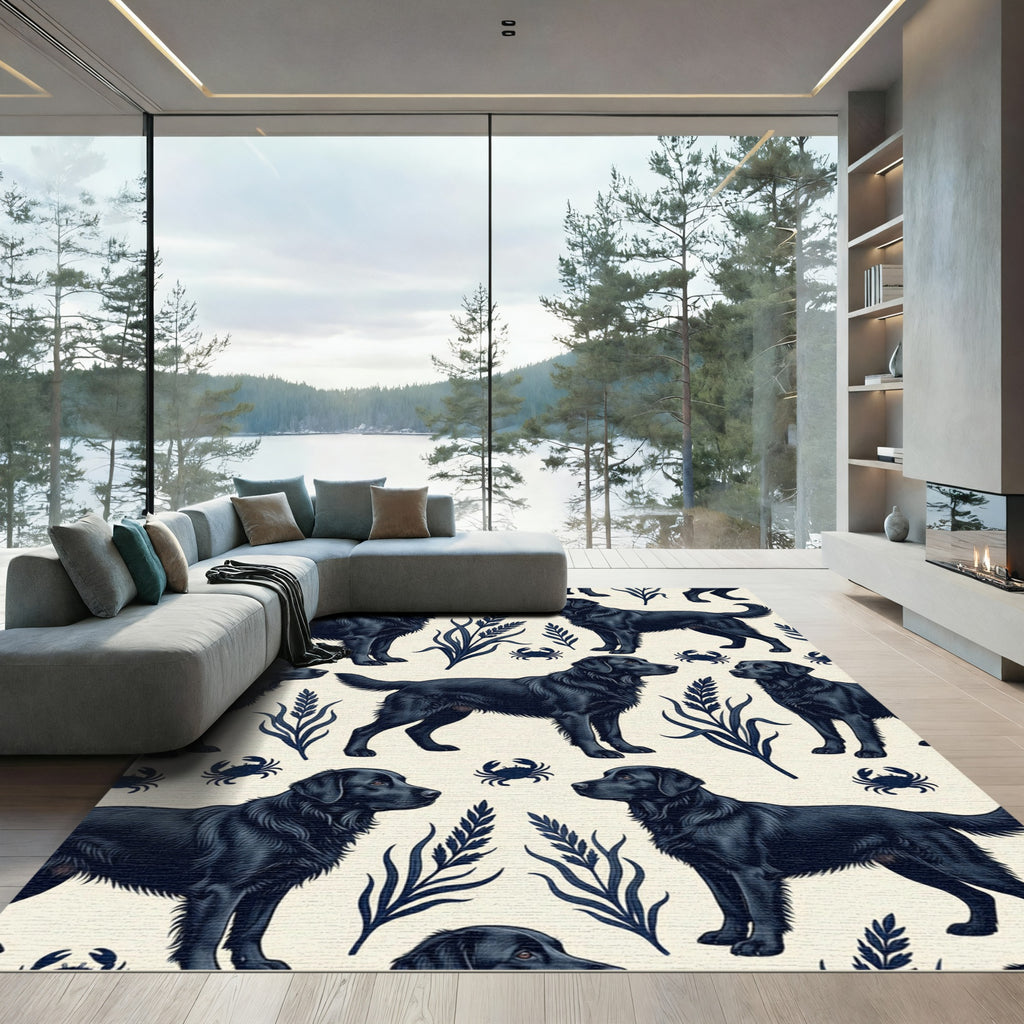 Black Labrador Botanical Coast Illustration Rug