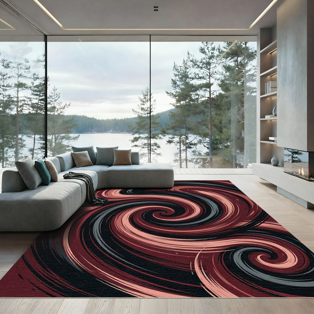 Dark Crimson Black Swirling Abstract Wave Rug