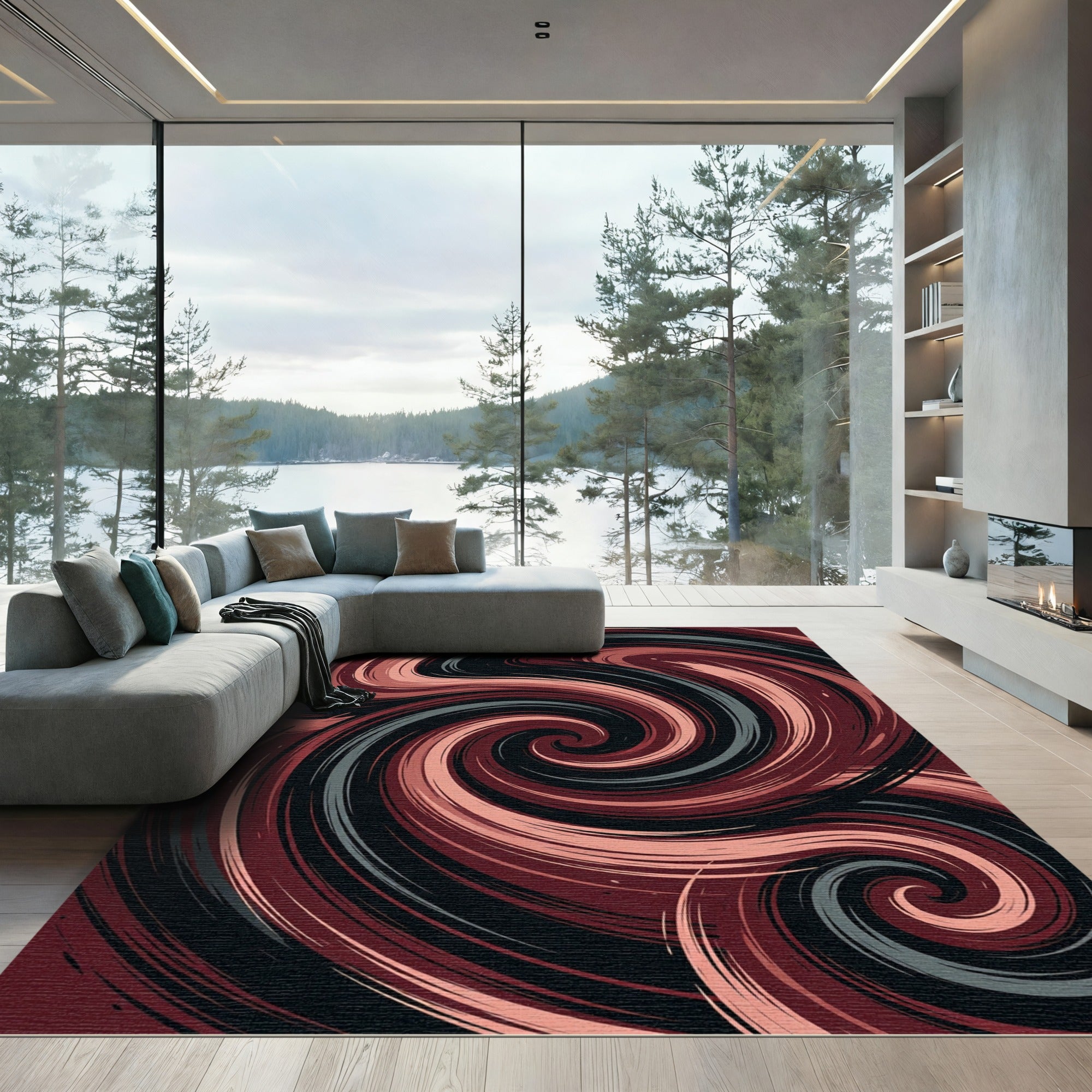 Dark Crimson Black Swirling Abstract Wave Rug