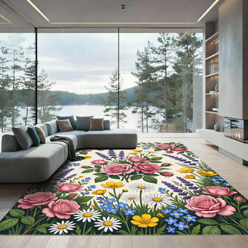 Romantic Pink Rose Lavender Meadow Garden Rug
