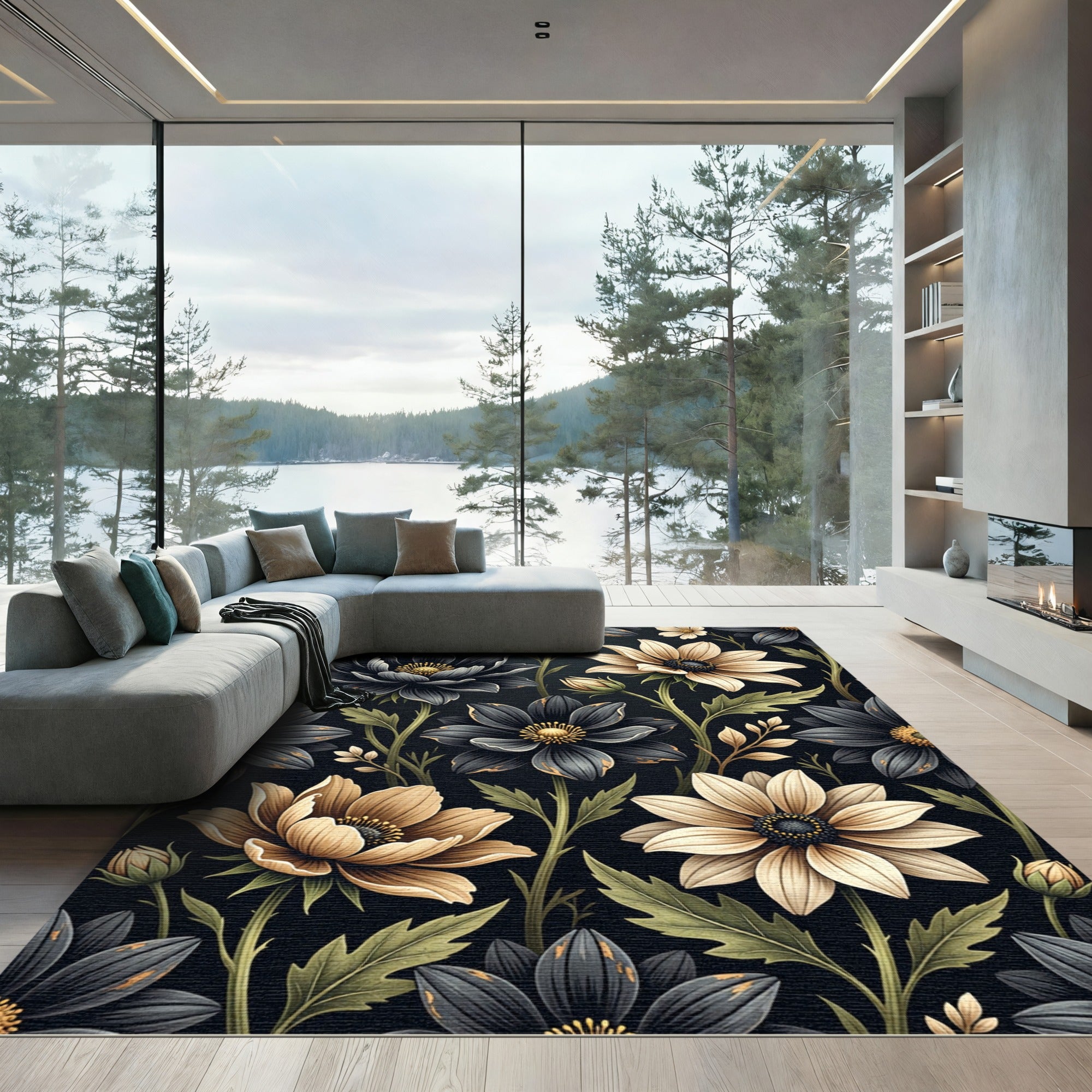 Dark Florals Cream Accents Botanical Rug
